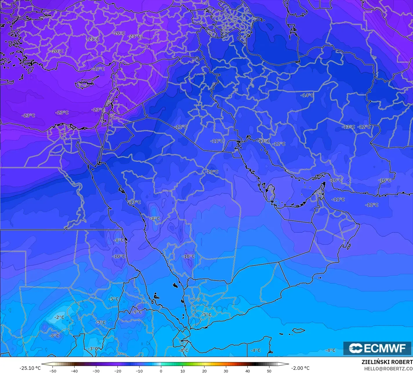 ECMWF IFS 0,25° modelo - Oriente Médio, Temperatura a 500 hPa