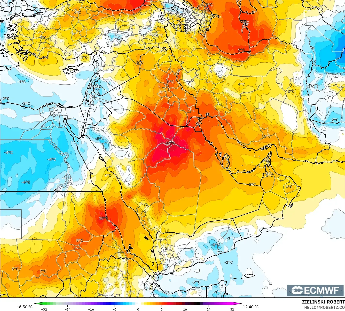 ECMWF IFS 0,25° modelo - Oriente Médio, Anomalia de temperatura a 850 hPa