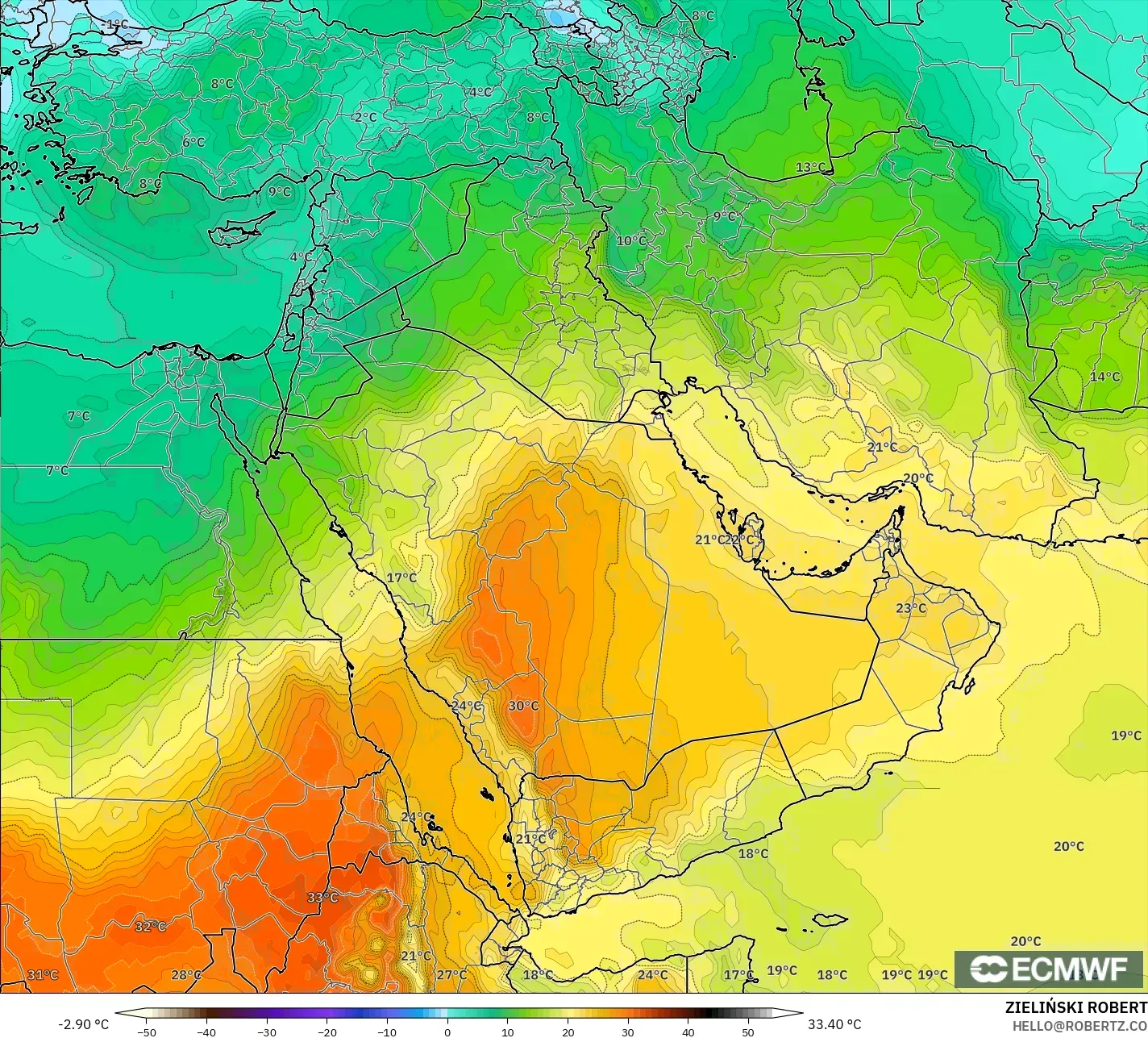 ECMWF IFS 0,25° modelo - Oriente Médio, Temperatura a 850 hPa