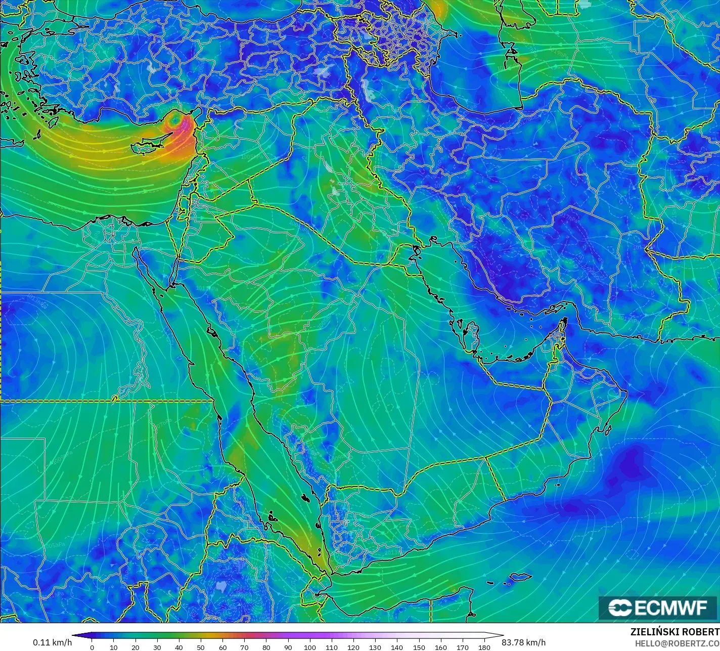 ECMWF IFS 0,25° modelo - Oriente Médio, Vento a 10 m