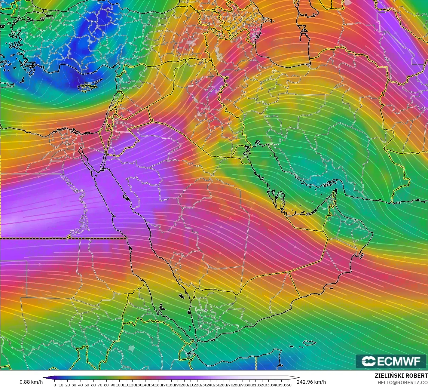 ECMWF IFS 0,25° modelo - Oriente Médio, Vento a 300 hPa (corrente em jato)