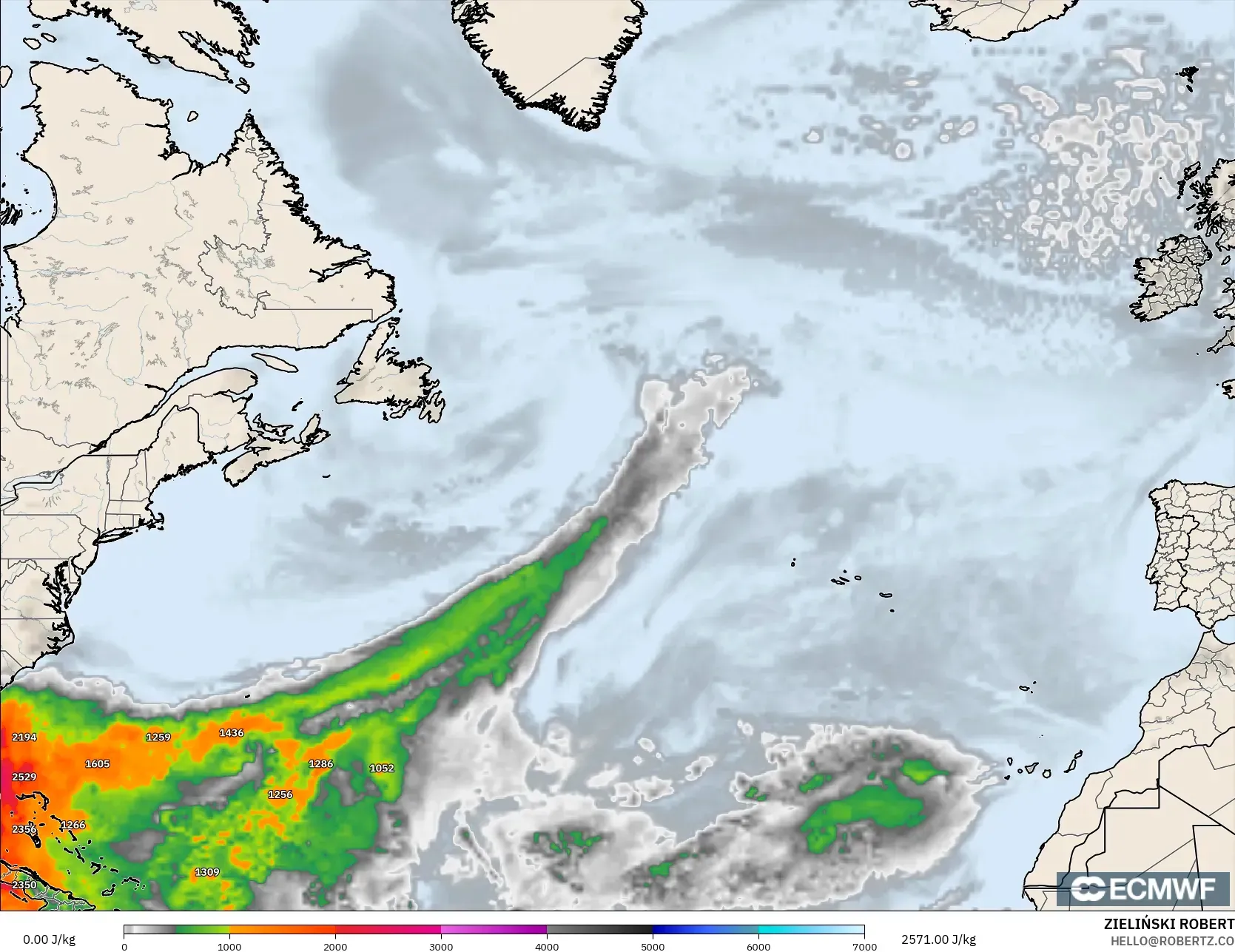 ECMWF IFS 0,25° modelo - Atlântico Norte, CAPE