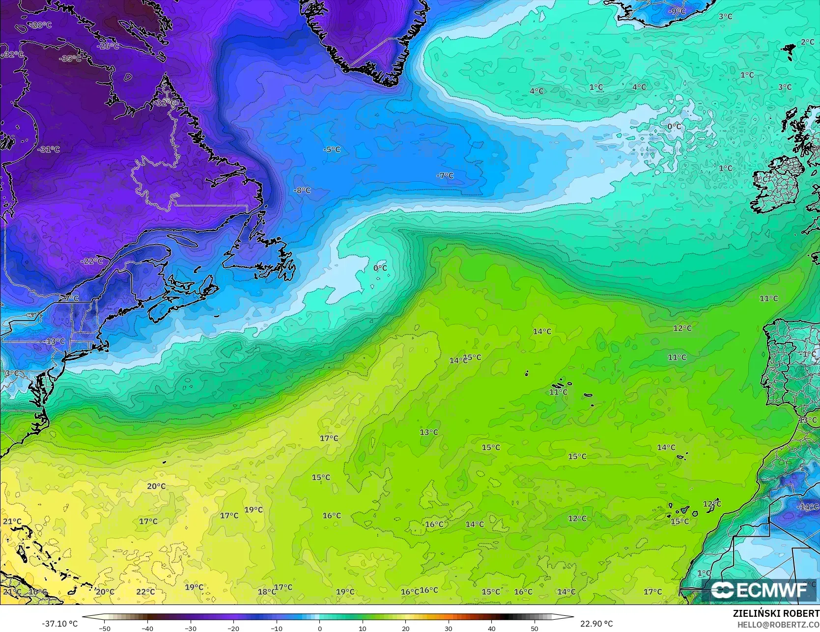 ECMWF IFS 0,25° modelo - Atlântico Norte, Ponto de orvalho a 2 m