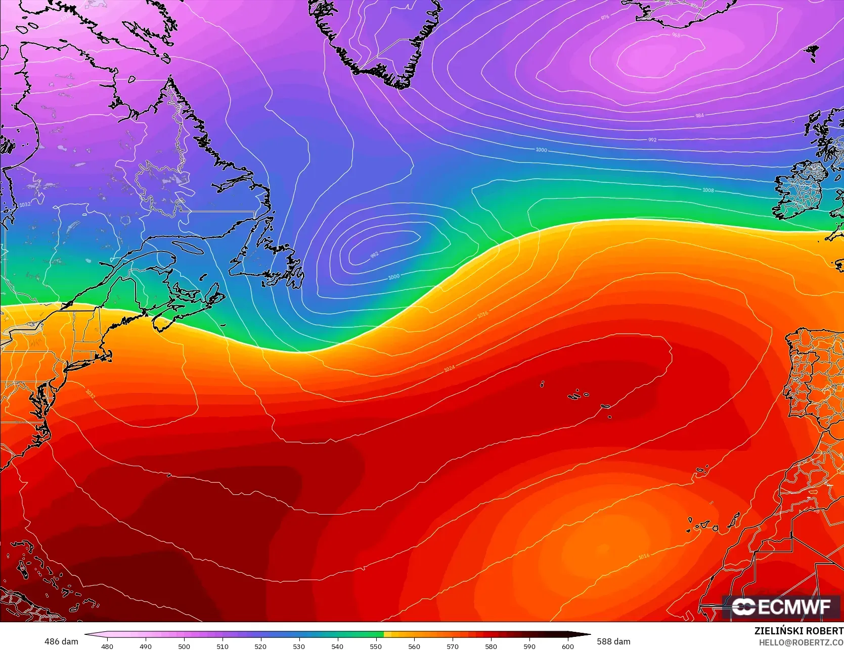 ECMWF IFS 0,25° modelo - Atlântico Norte, Altura geopotencial a 500 hPa