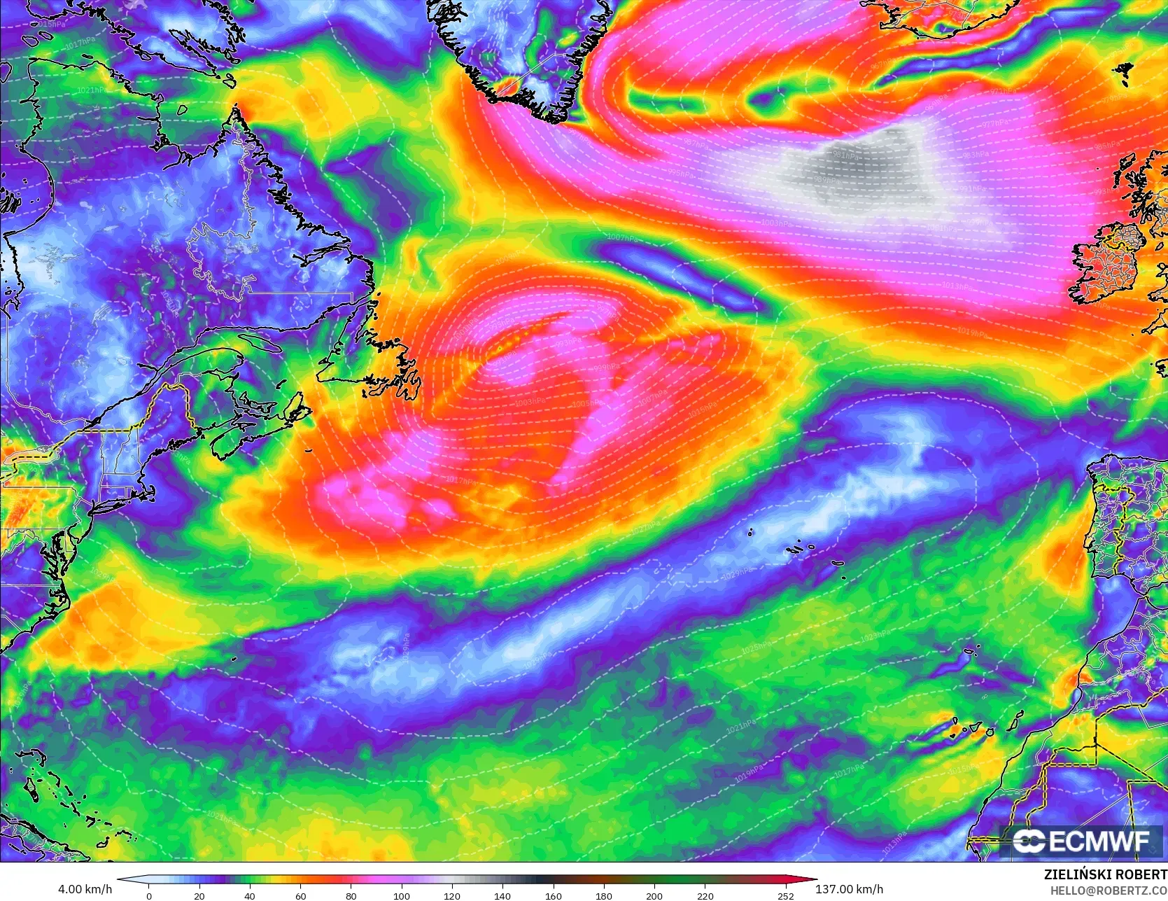 ECMWF IFS 0,25° modelo - Atlântico Norte, Rajadas de Vento Máximas