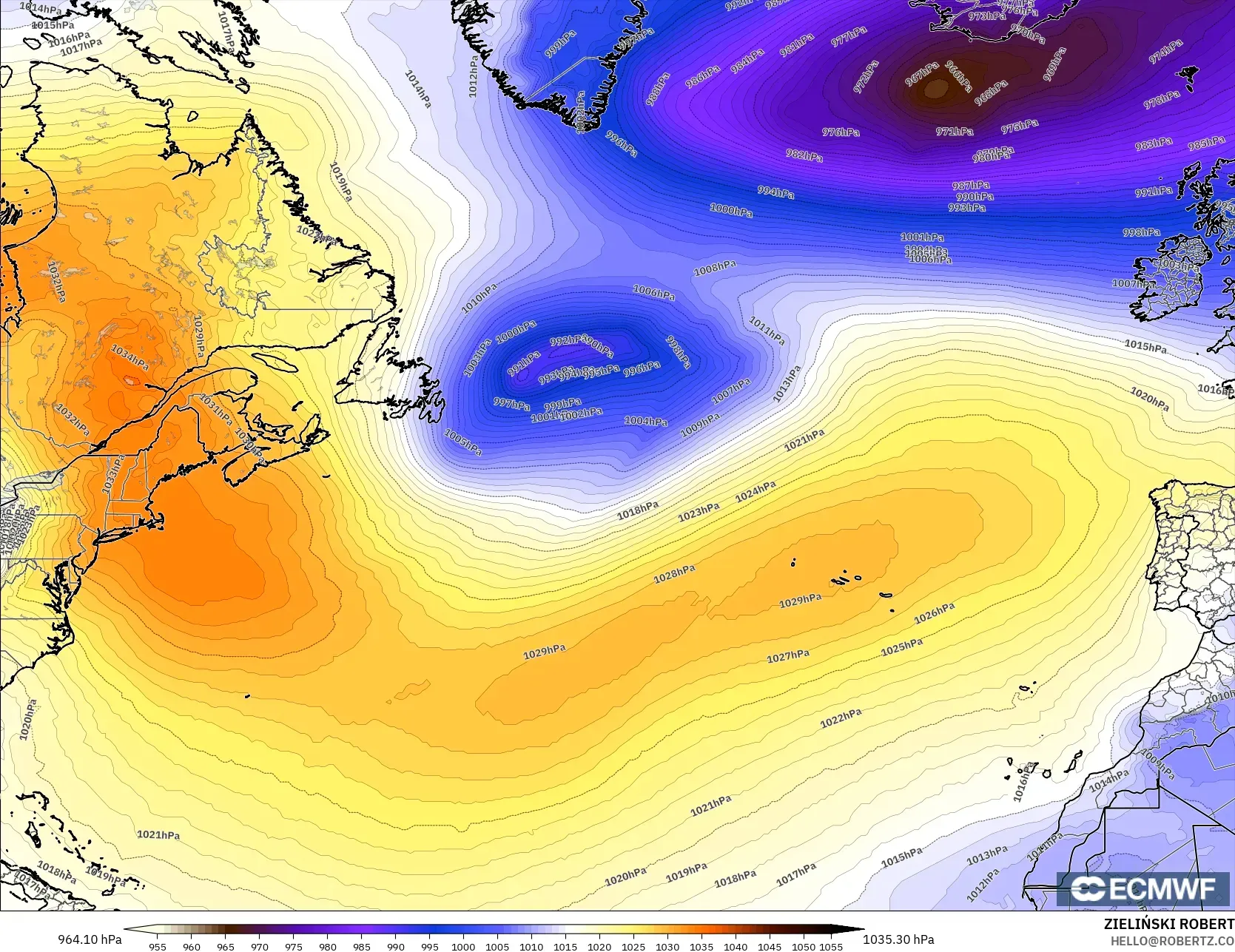 ECMWF IFS 0,25° modelo - Atlântico Norte, Pressão
