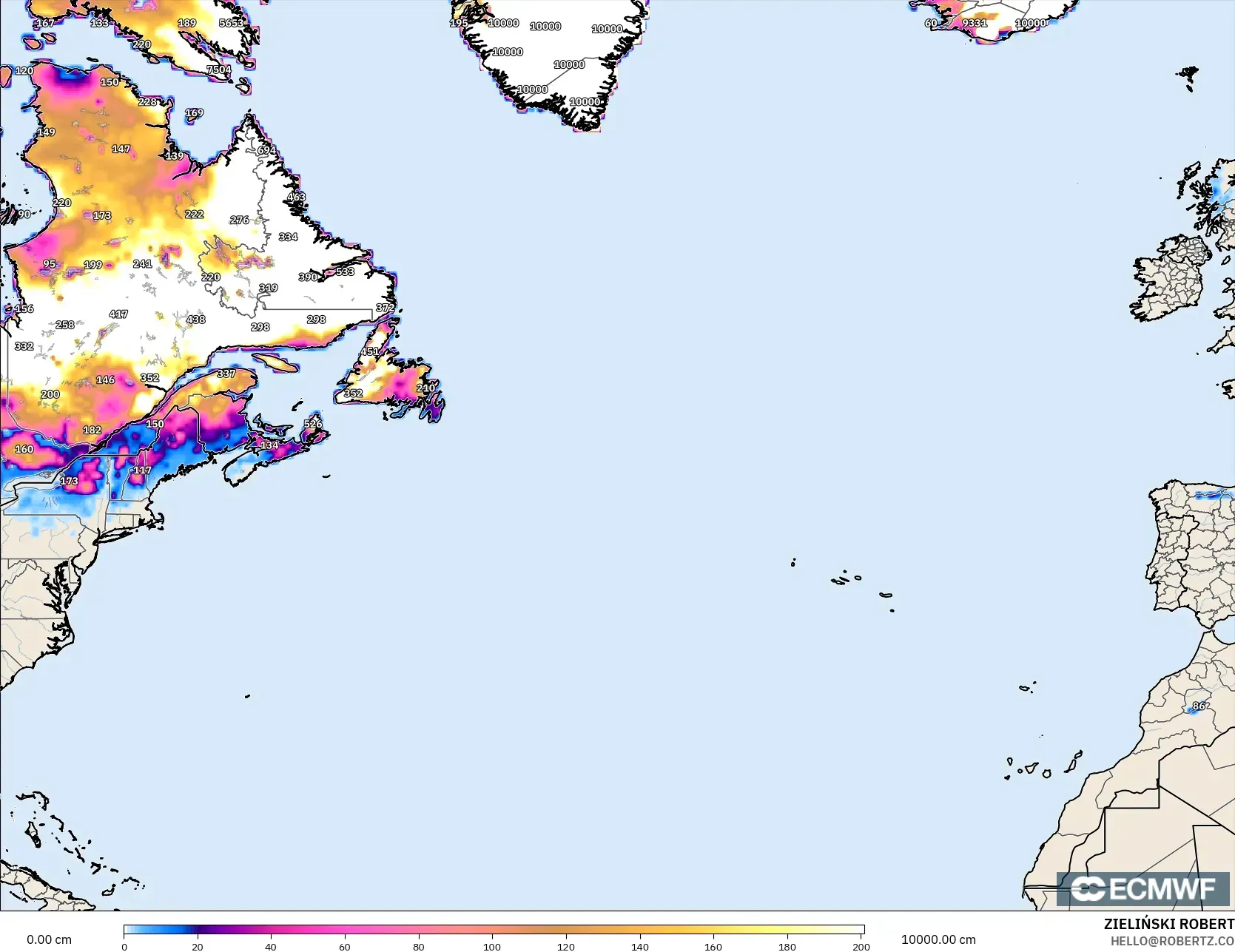 ECMWF IFS 0,25° modelo - Atlântico Norte, Profundidade da neve