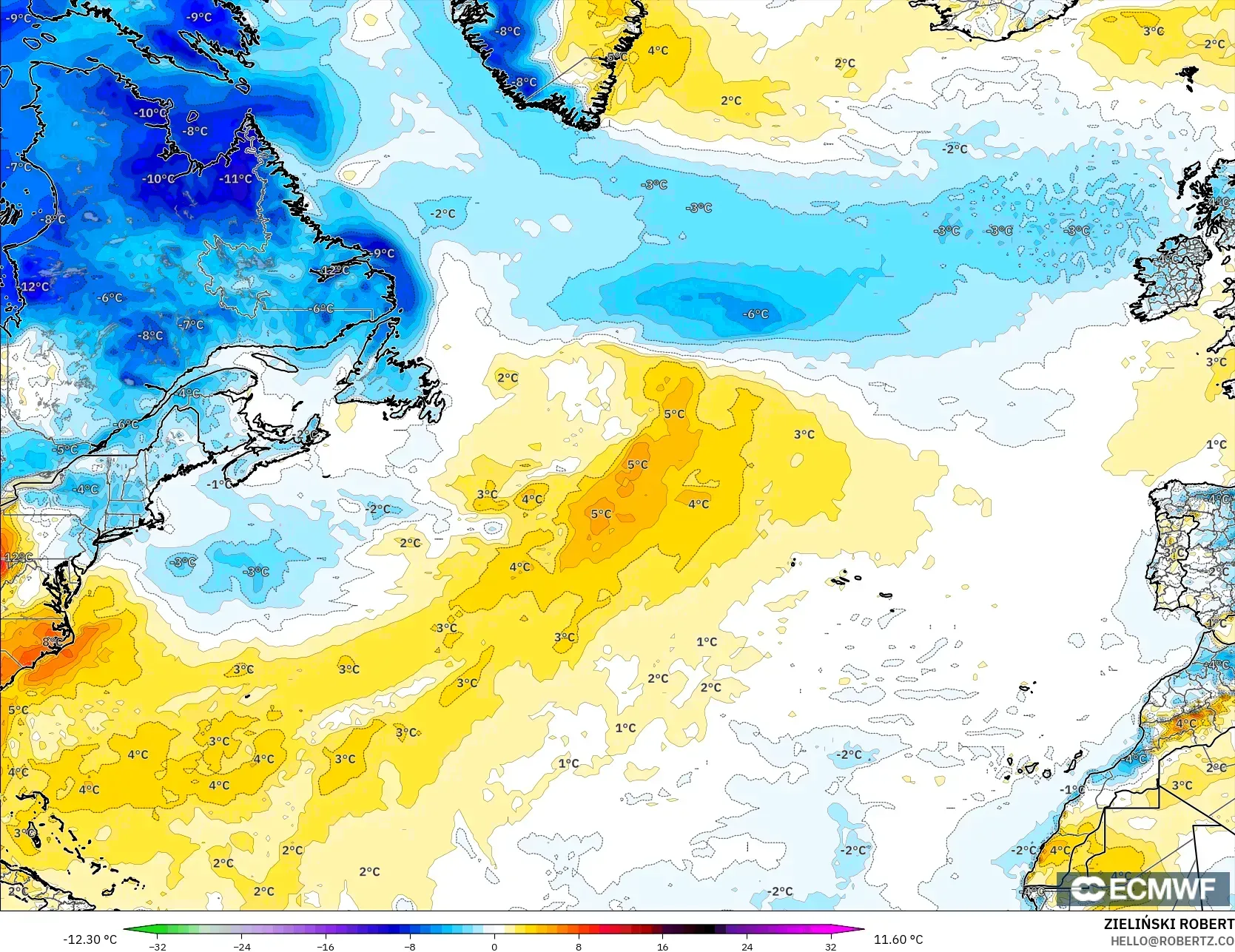 ECMWF IFS 0,25° modelo - Atlântico Norte, Anomalia de temperatura a 2 m