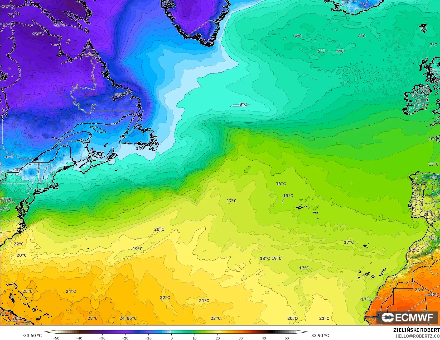 ECMWF IFS 0,25° modelo - Atlântico Norte, Temperatura a 2 m