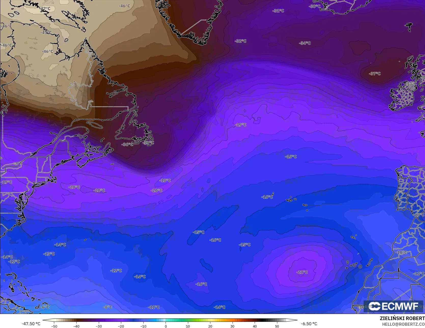 ECMWF IFS 0,25° modelo - Atlântico Norte, Temperatura a 500 hPa
