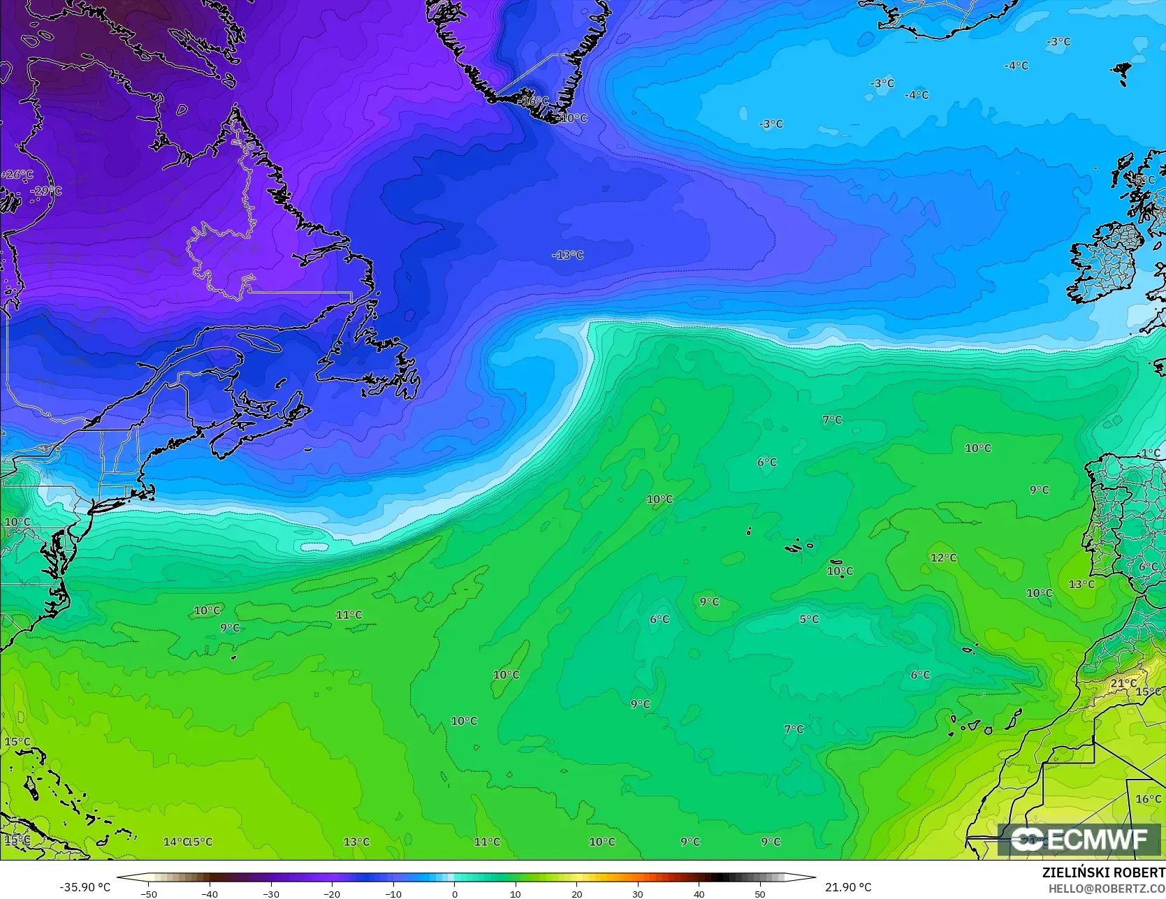 ECMWF IFS 0,25° modelo - Atlântico Norte, Temperatura a 850 hPa