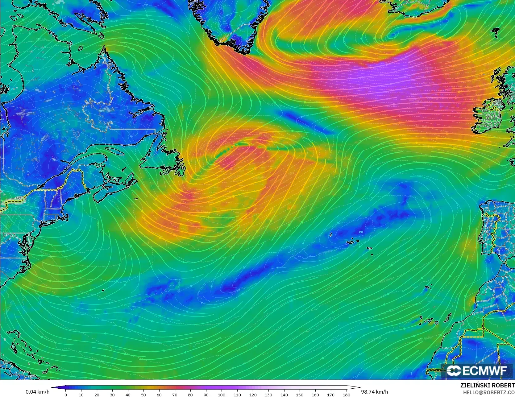ECMWF IFS 0,25° modelo - Atlântico Norte, Vento a 10 m