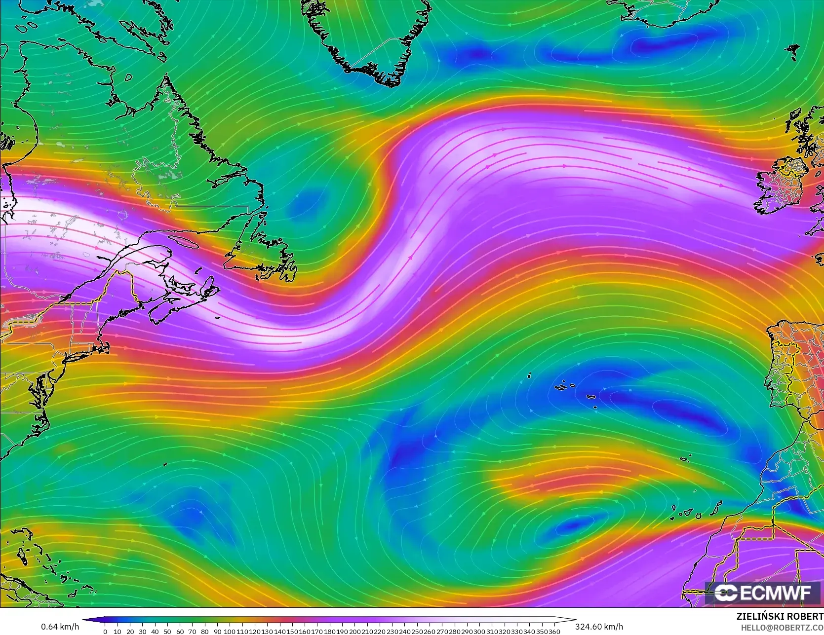 ECMWF IFS 0,25° modelo - Atlântico Norte, Vento a 300 hPa (corrente em jato)