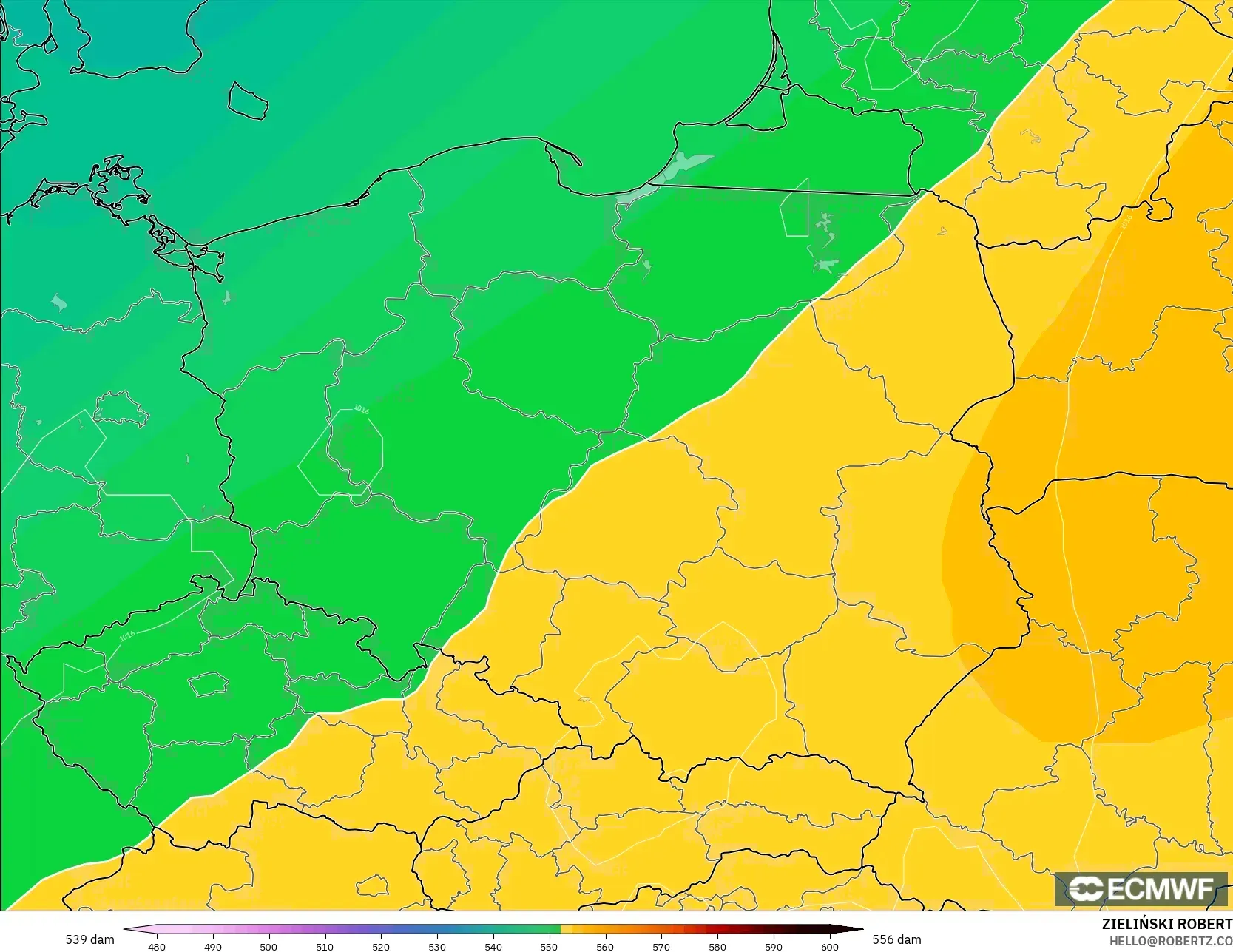 ECMWF IFS 0,25° modelo - Polônia, Altura geopotencial a 500 hPa