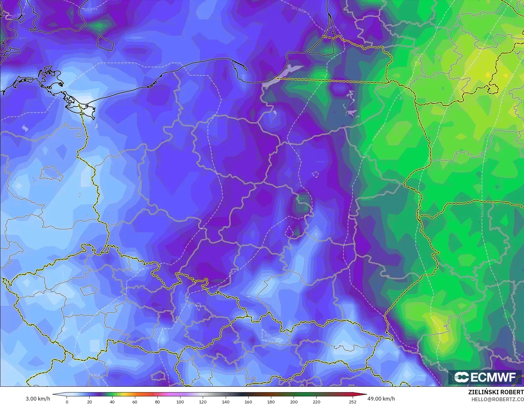 ECMWF IFS 0,25° modelo - Polônia, Rajadas de Vento Máximas