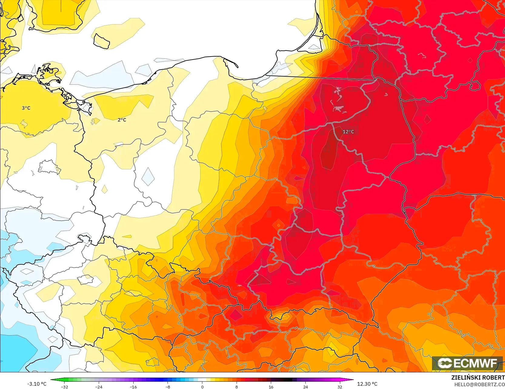 ECMWF IFS 0,25° modelo - Polônia, Anomalia de temperatura a 2 m