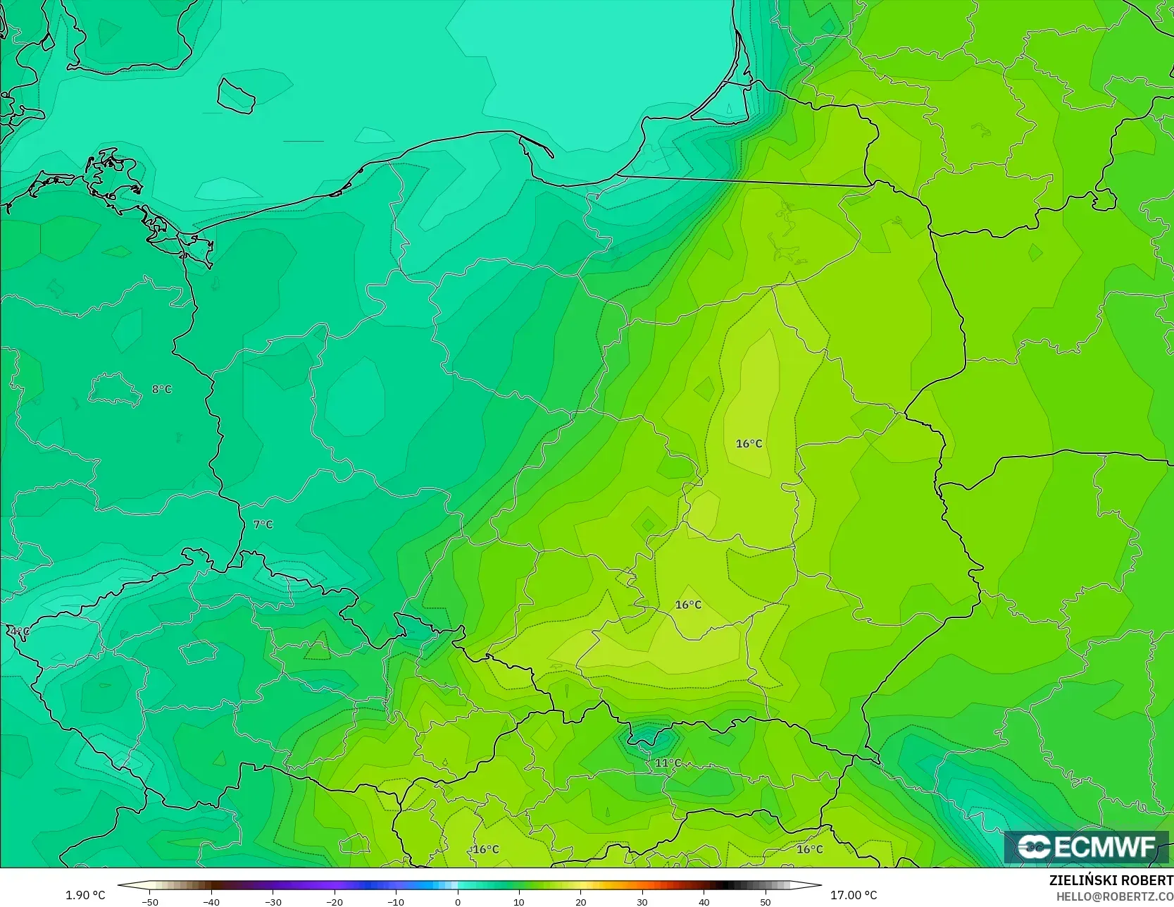 ECMWF IFS 0,25° modelo - Polônia, Temperatura a 2 m