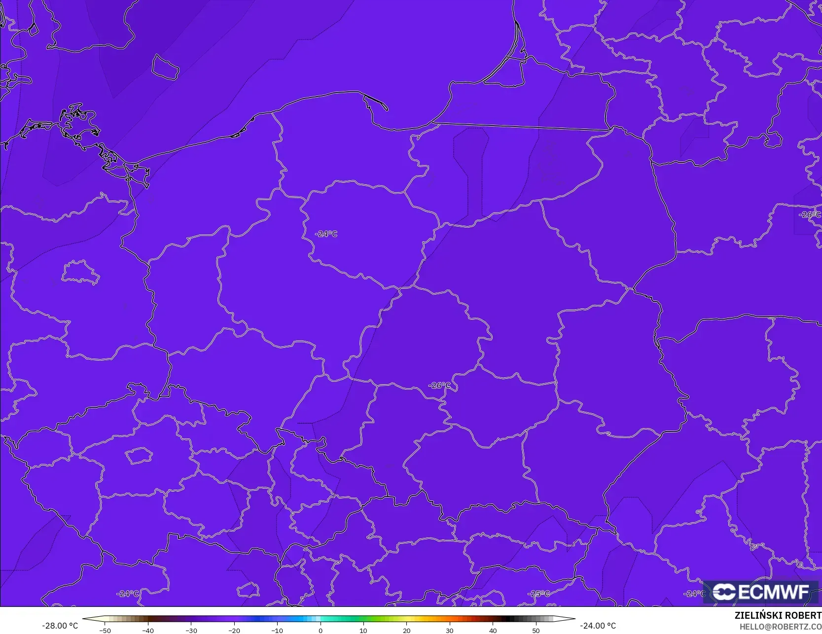 ECMWF IFS 0,25° modelo - Polônia, Temperatura a 500 hPa