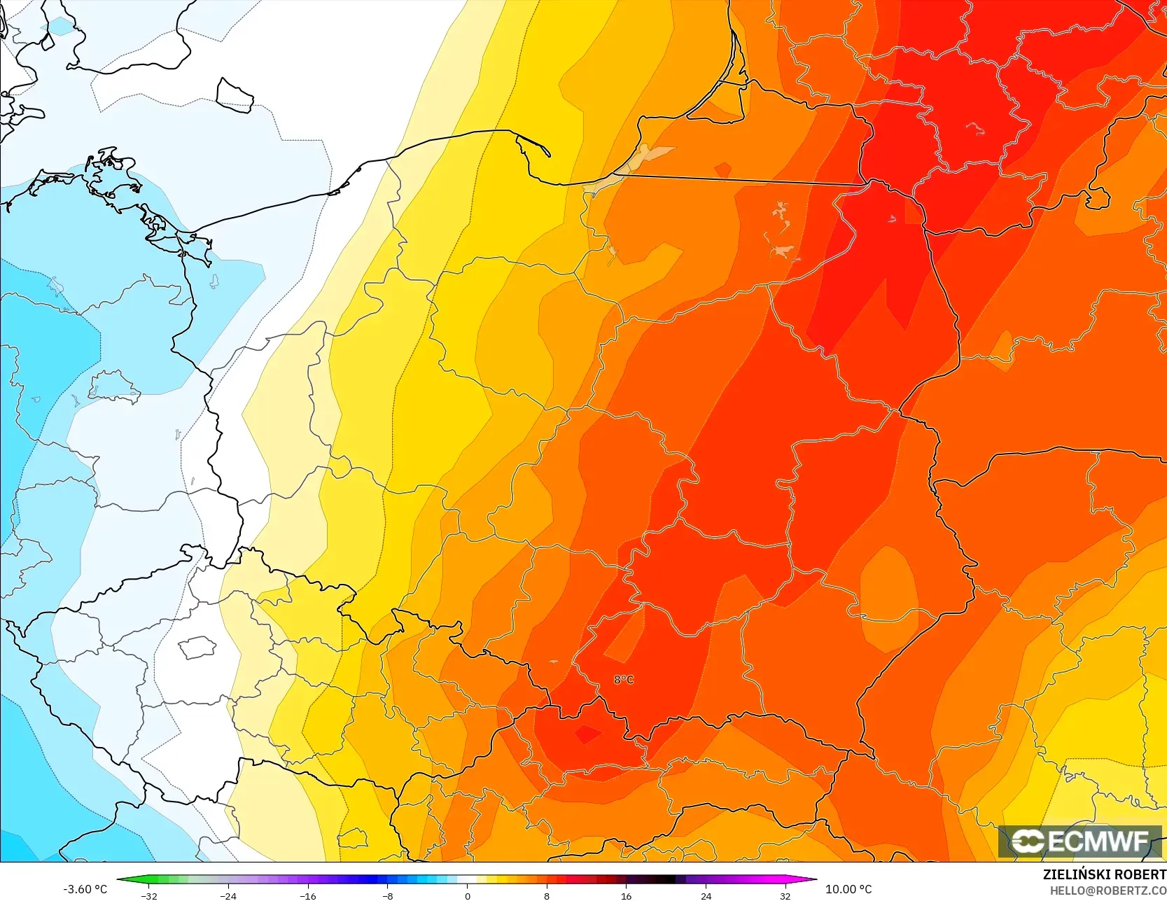 ECMWF IFS 0,25° modelo - Polônia, Anomalia de temperatura a 850 hPa