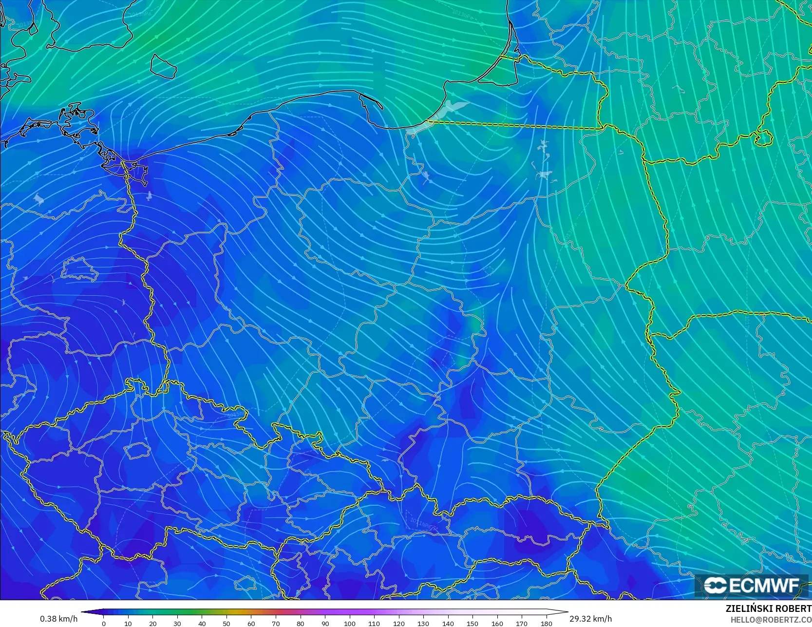 ECMWF IFS 0,25° modelo - Polônia, Vento a 10 m