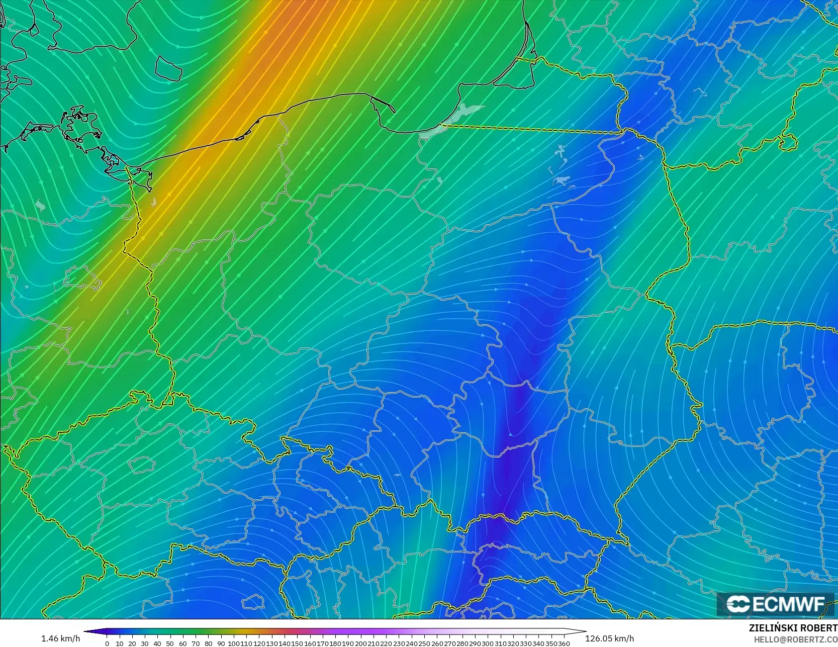 ECMWF IFS 0,25° modelo - Polônia, Vento a 300 hPa (corrente em jato)
