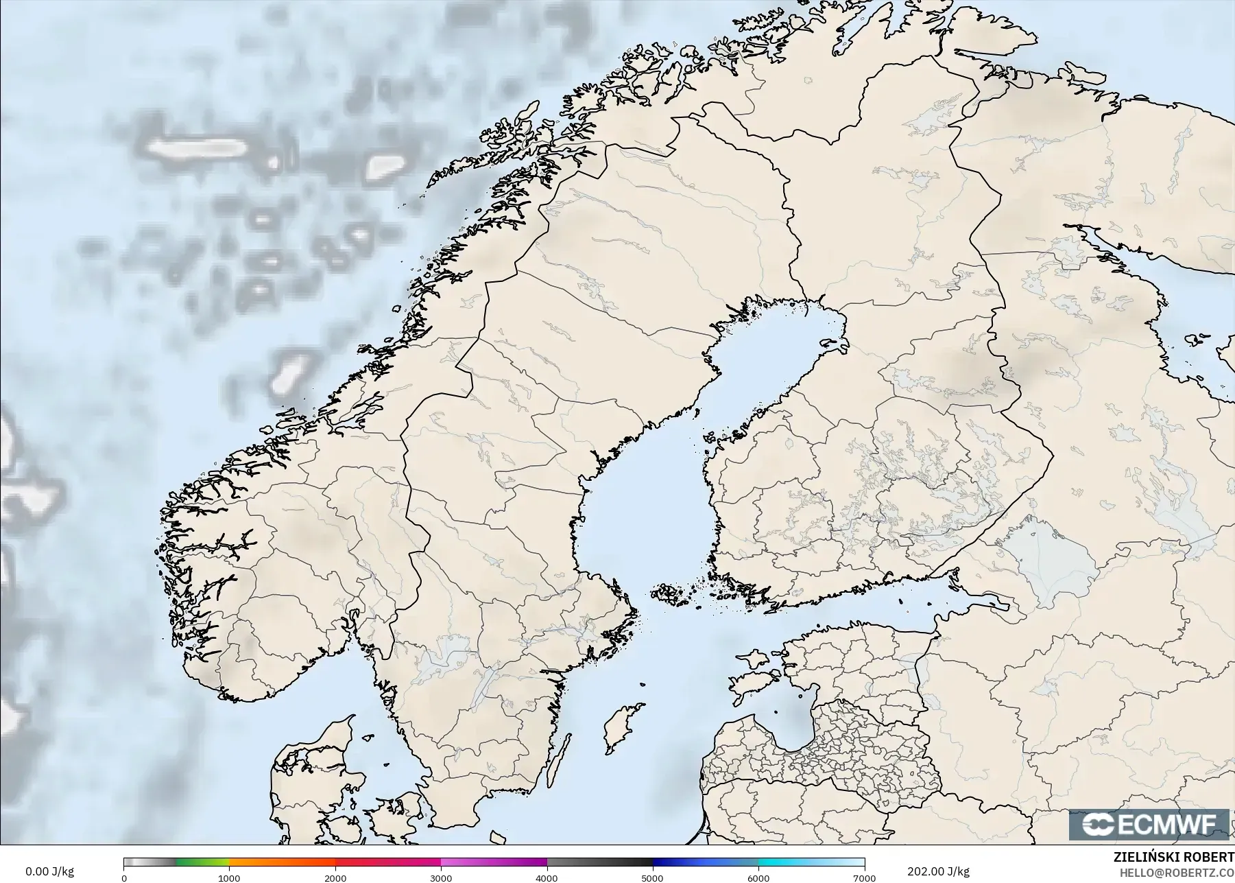 ECMWF IFS 0,25° modelo - Escandinávia, CAPE