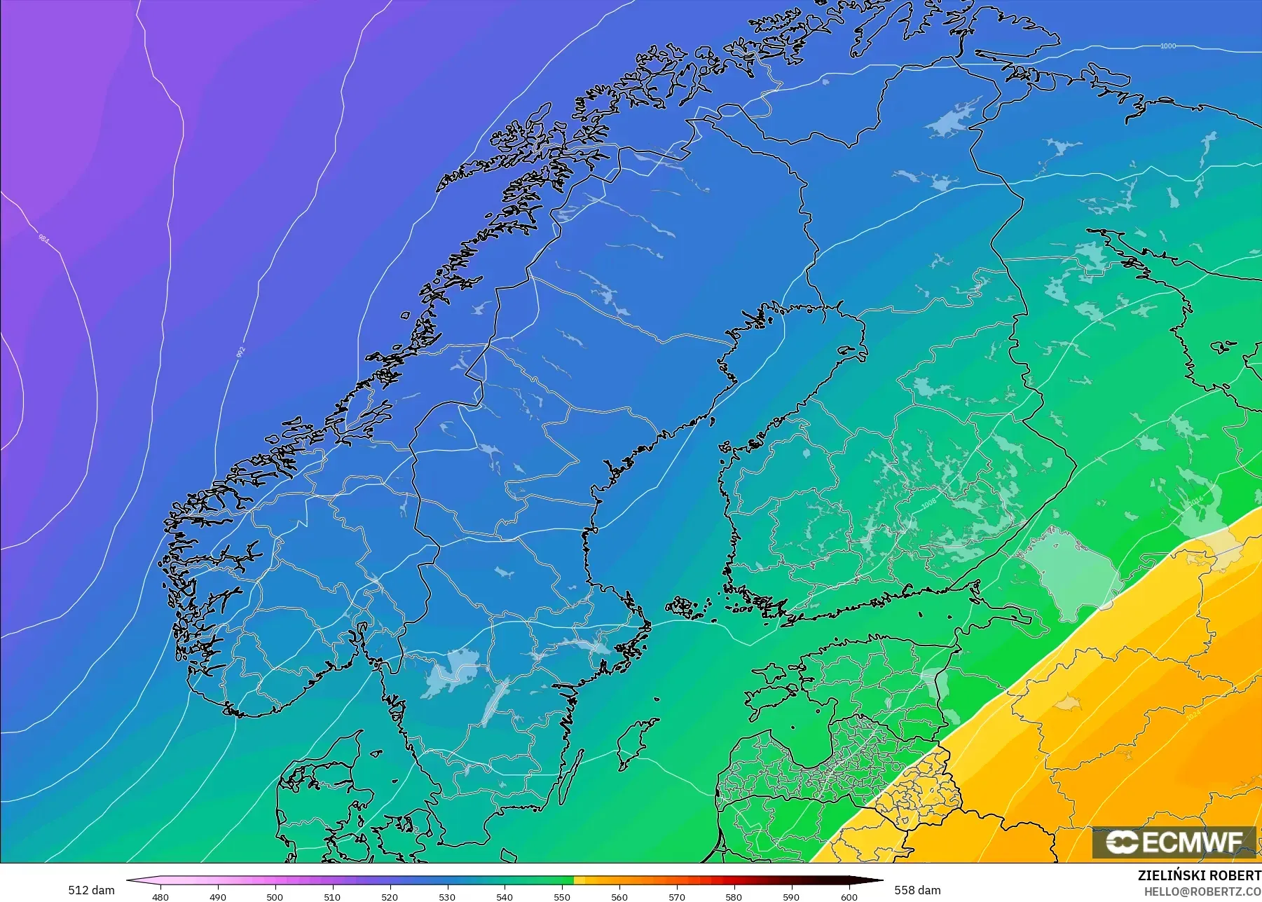 ECMWF IFS 0,25° modelo - Escandinávia, Altura geopotencial a 500 hPa