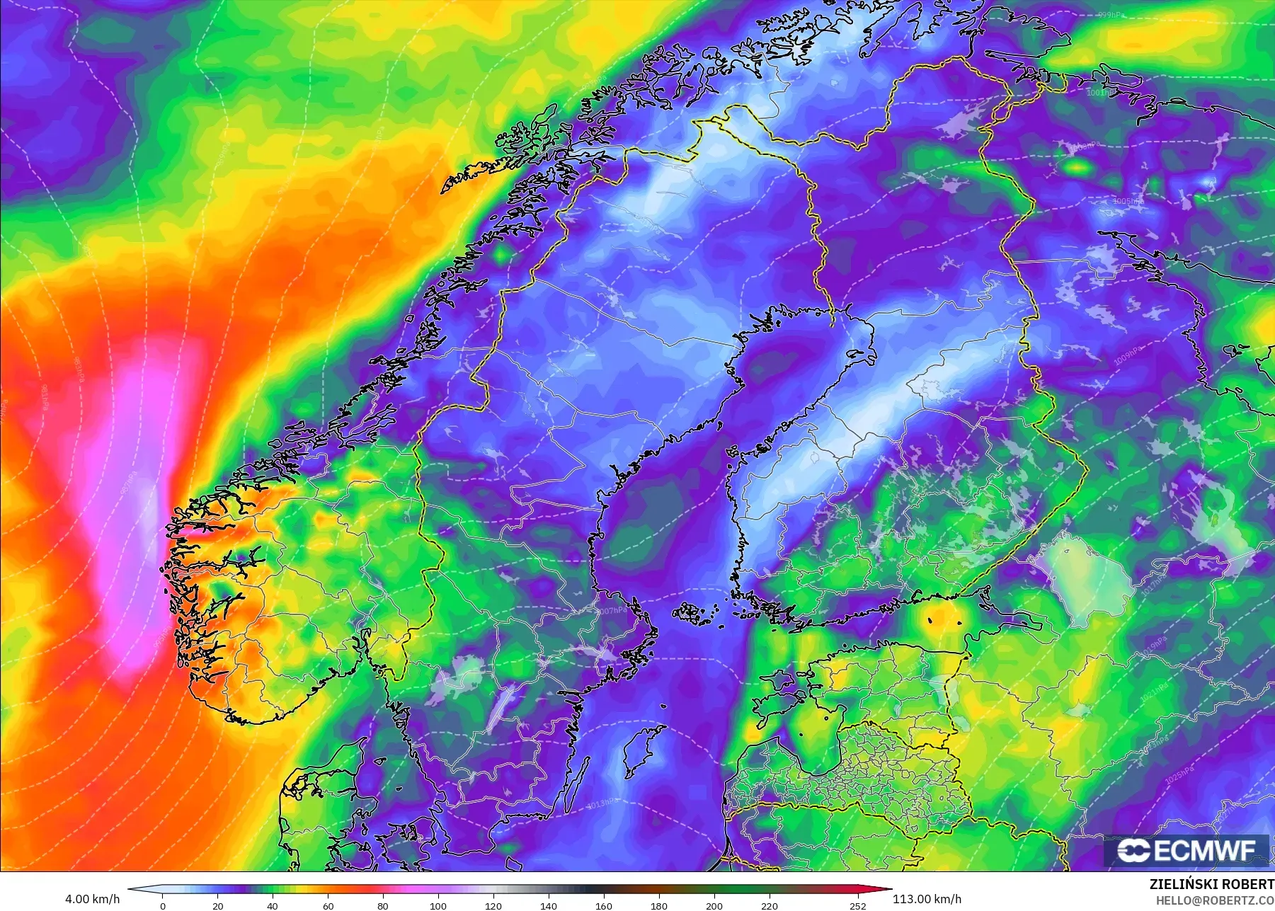 ECMWF IFS 0,25° modelo - Escandinávia, Rajadas de vento