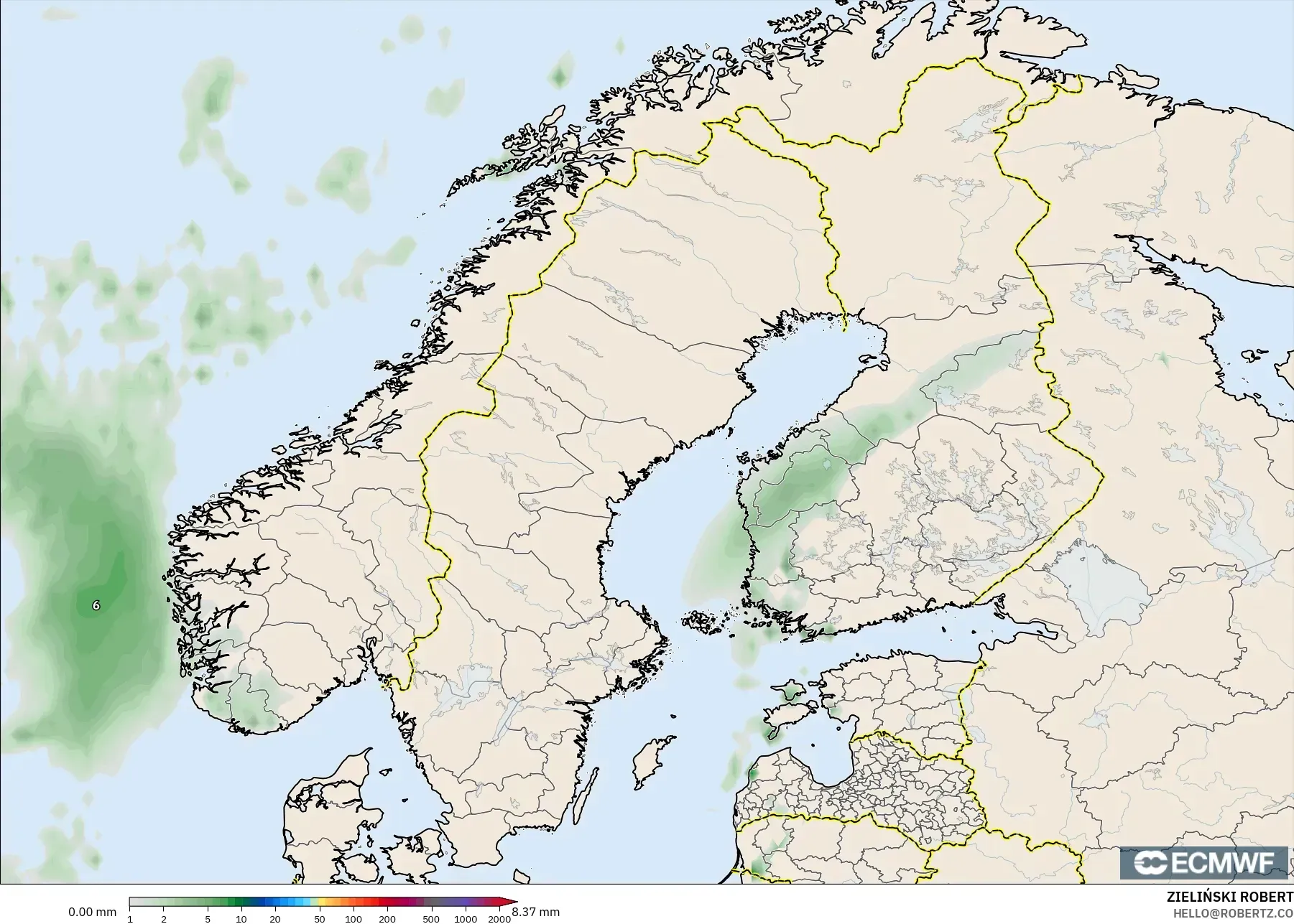 ECMWF IFS 0,25° modelo - Escandinávia, Acúmulo de precipitação