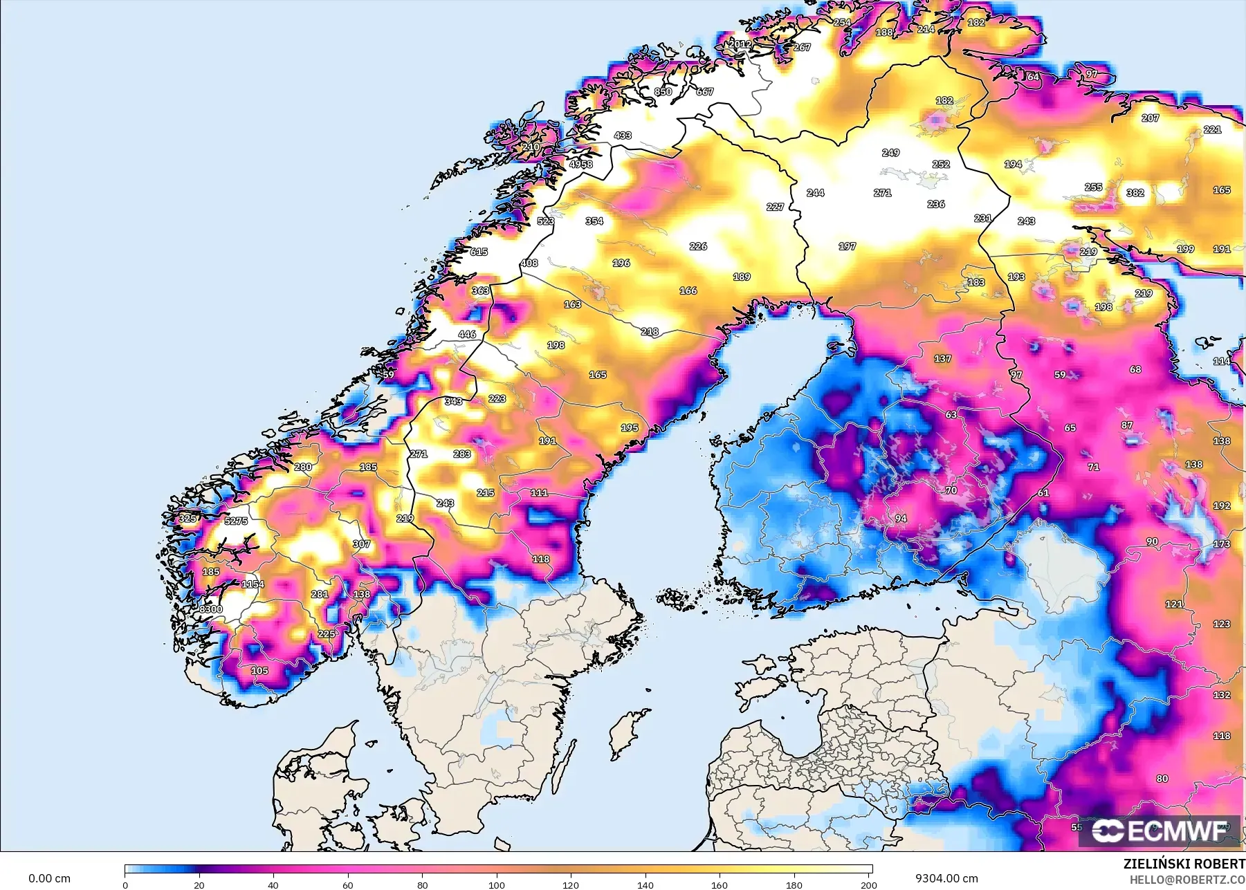 ECMWF IFS 0,25° modelo - Escandinávia, Profundidade da neve