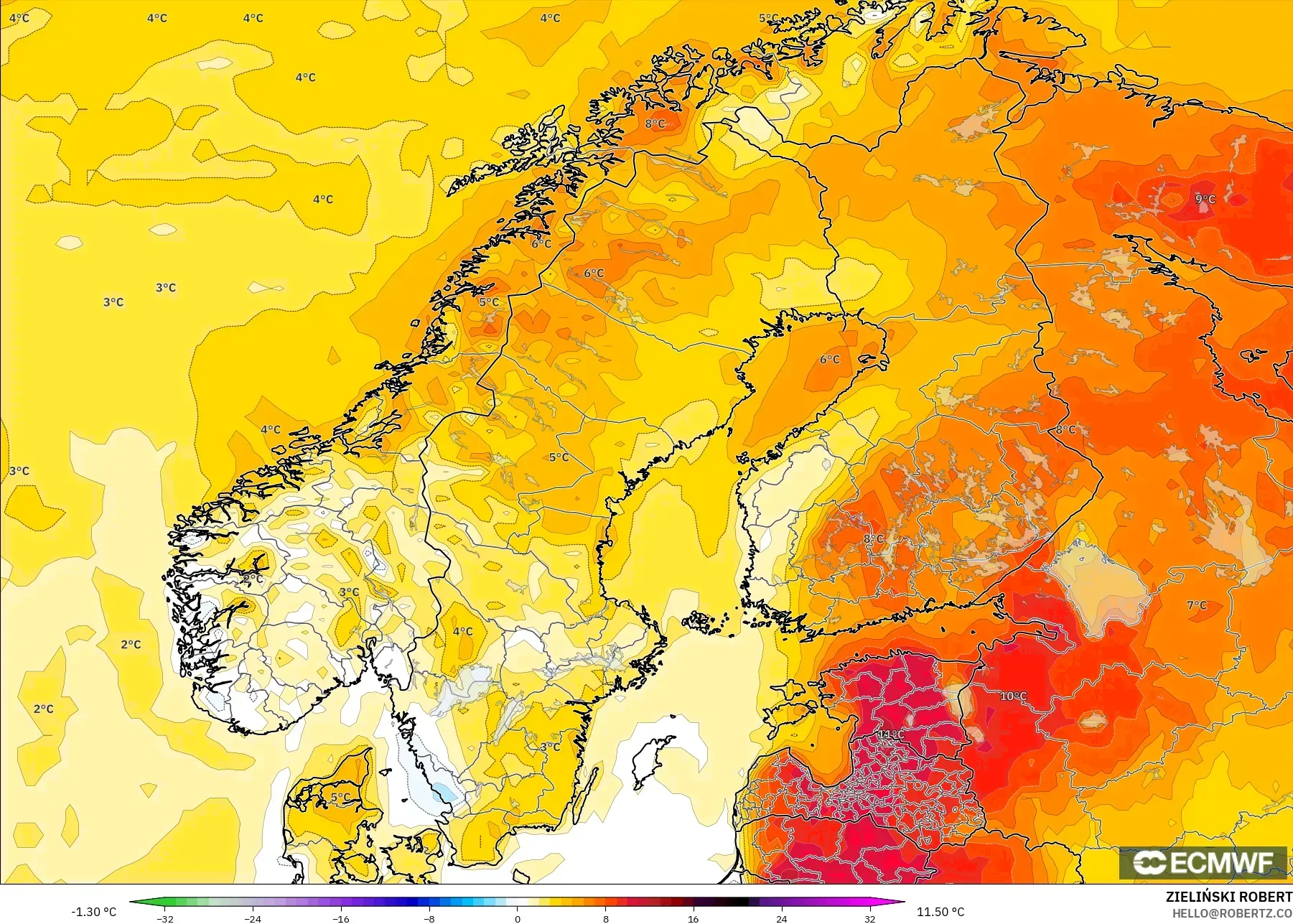ECMWF IFS 0,25° modelo - Escandinávia, Anomalia de temperatura a 2 m