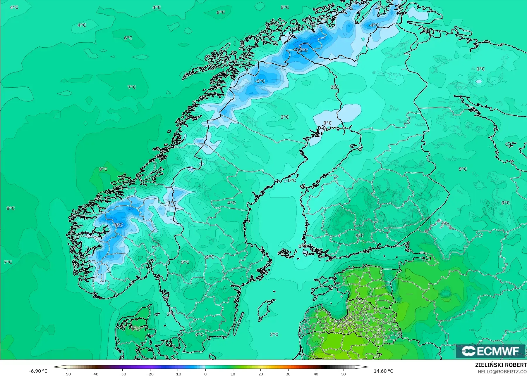 ECMWF IFS 0,25° modelo - Escandinávia, Temperatura a 2 m
