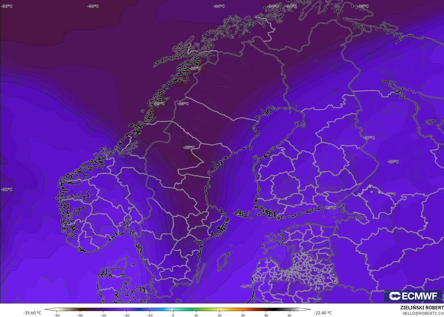 ECMWF IFS 0,25° modelo - Escandinávia, Temperatura a 500 hPa