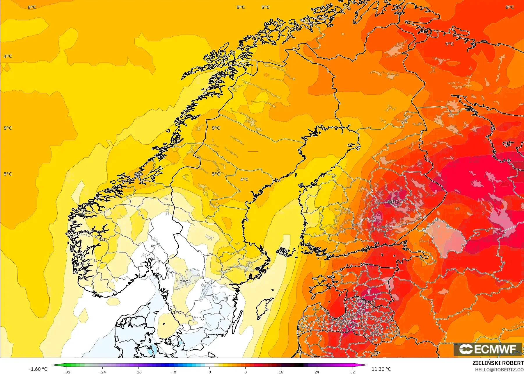 ECMWF IFS 0,25° modelo - Escandinávia, Anomalia de temperatura a 850 hPa