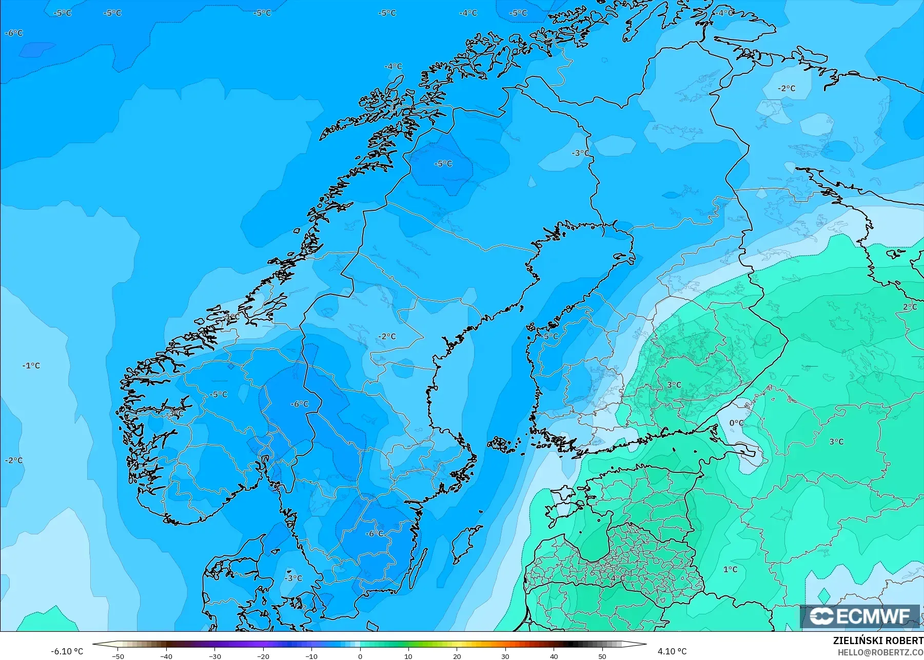 ECMWF IFS 0,25° modelo - Escandinávia, Temperatura a 850 hPa