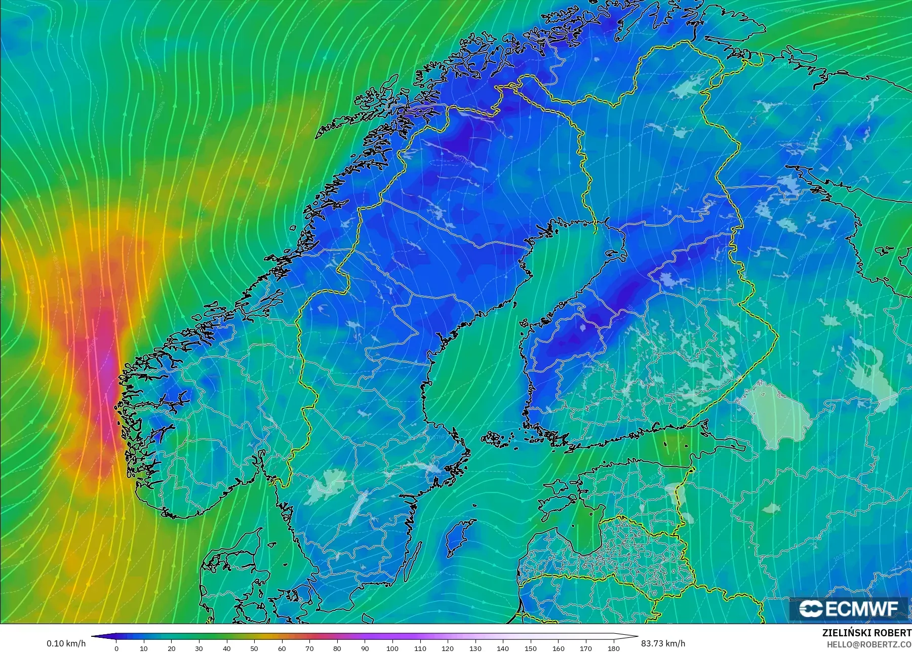ECMWF IFS 0,25° modelo - Escandinávia, Vento a 10 m