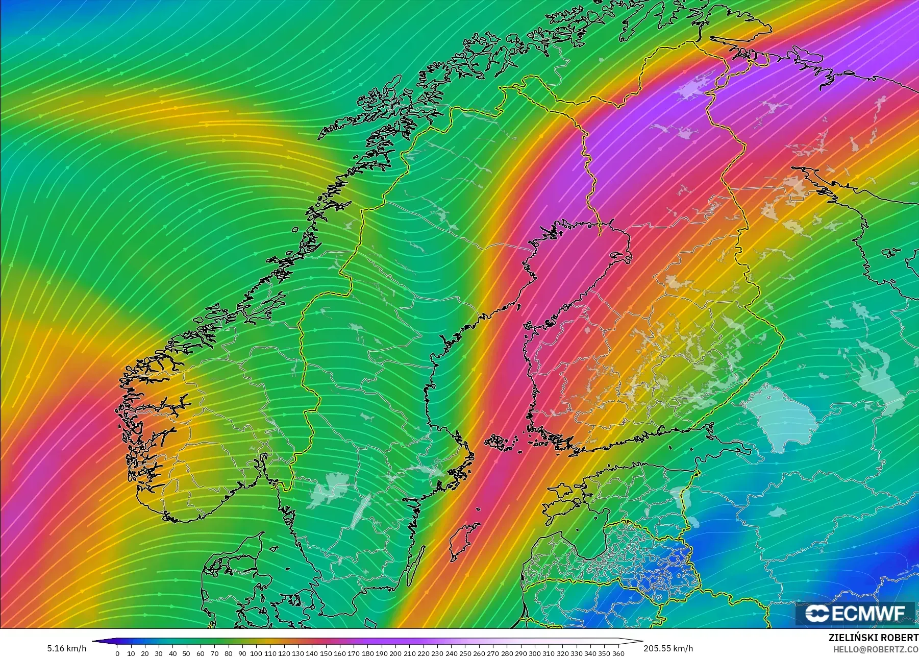 ECMWF IFS 0,25° modelo - Escandinávia, Vento a 300 hPa (corrente em jato)