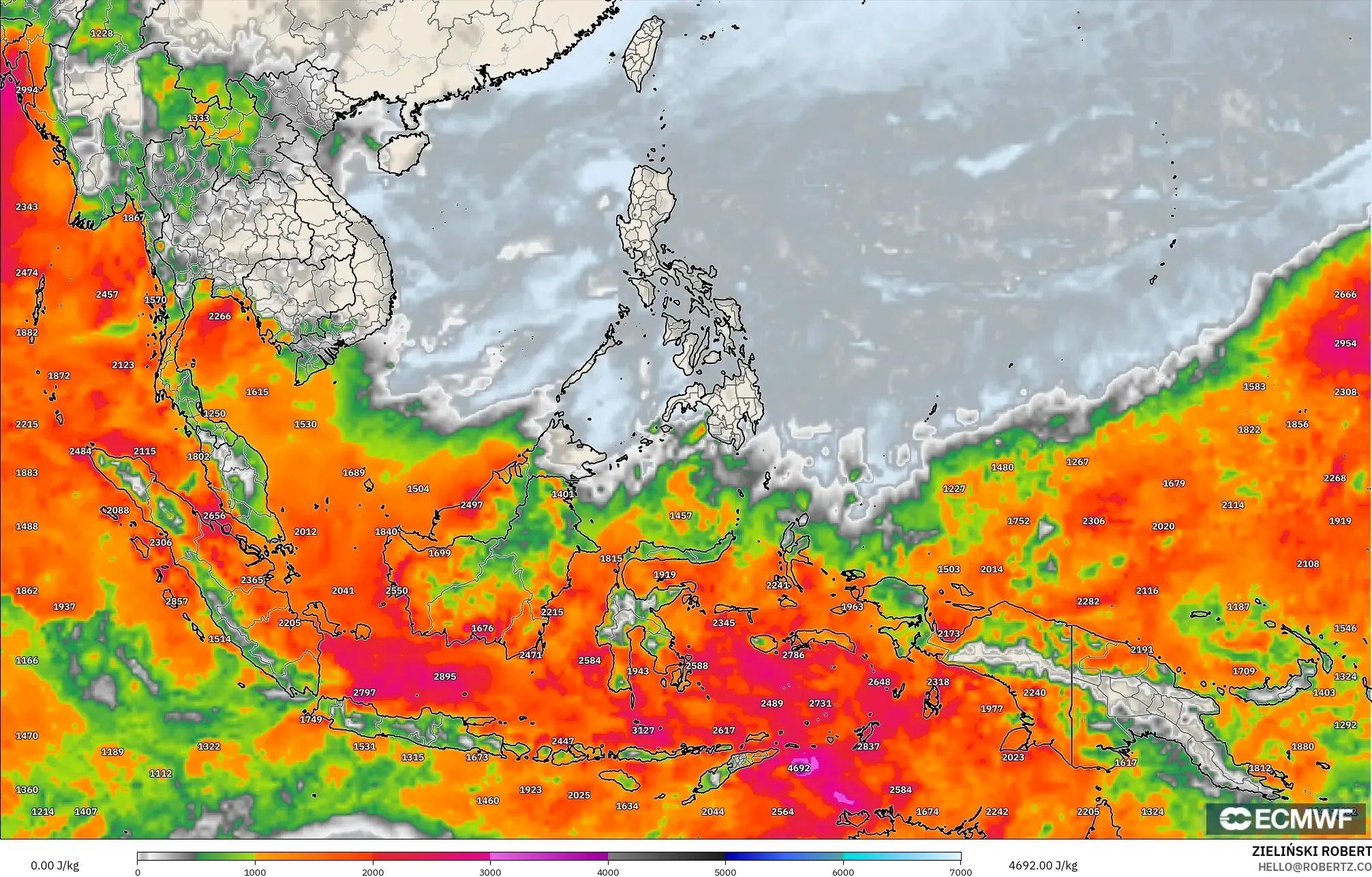 ECMWF IFS 0,25° modelo - Sudeste Asiático, CAPE