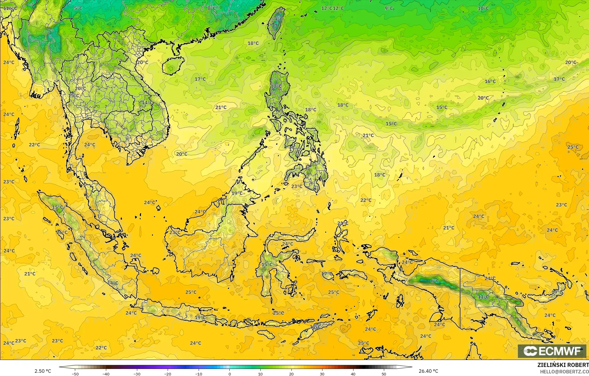 ECMWF IFS 0,25° modelo - Sudeste Asiático, Ponto de orvalho a 2 m