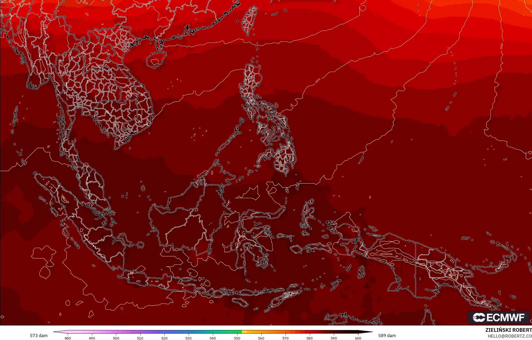ECMWF IFS 0,25° modelo - Sudeste Asiático, Altura geopotencial a 500 hPa