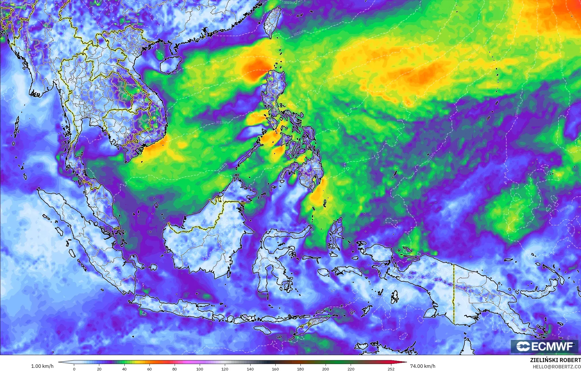 ECMWF IFS 0,25° modelo - Sudeste Asiático, Rajadas de vento