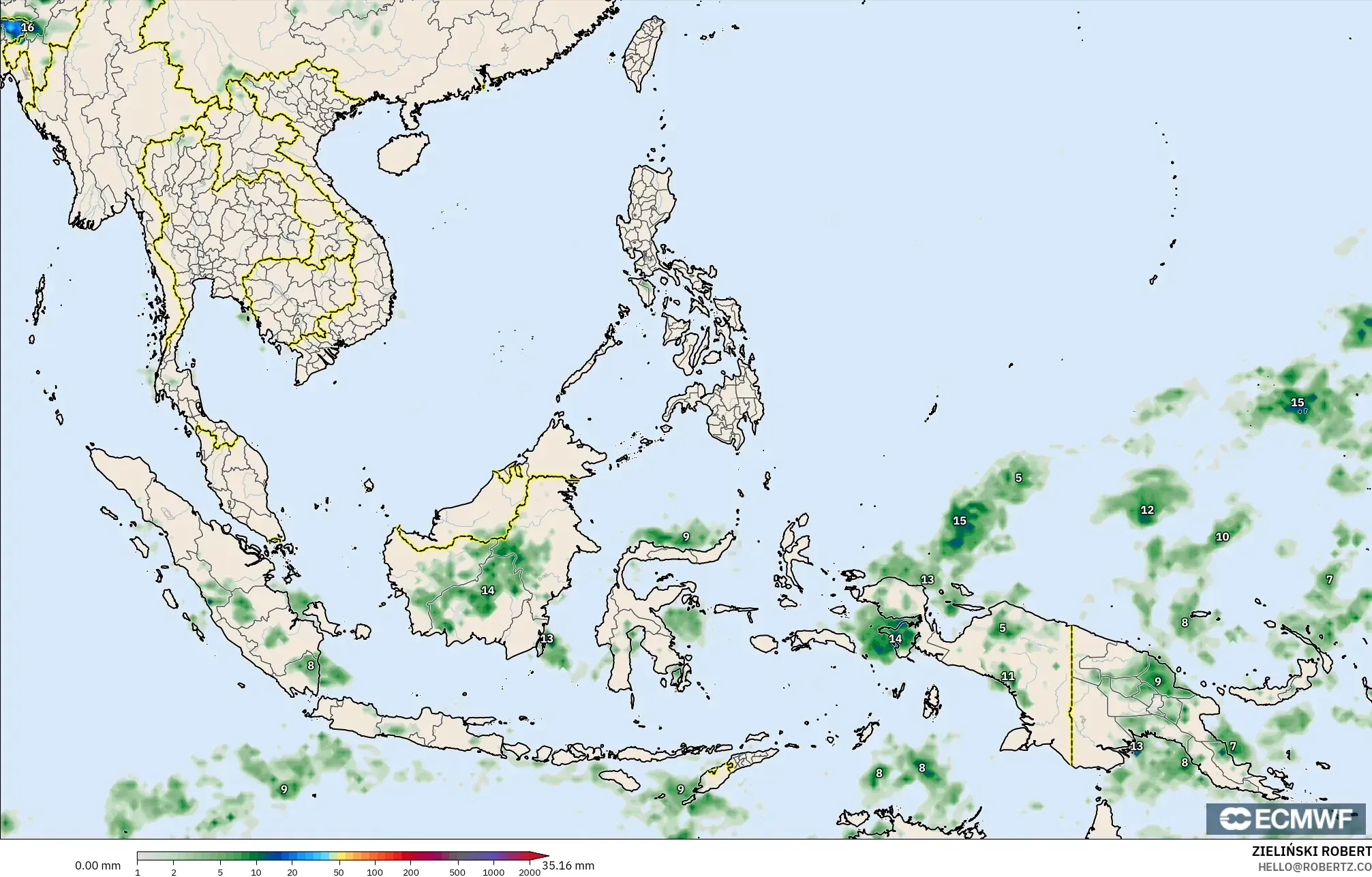ECMWF IFS 0,25° modelo - Sudeste Asiático, Acúmulo de precipitação