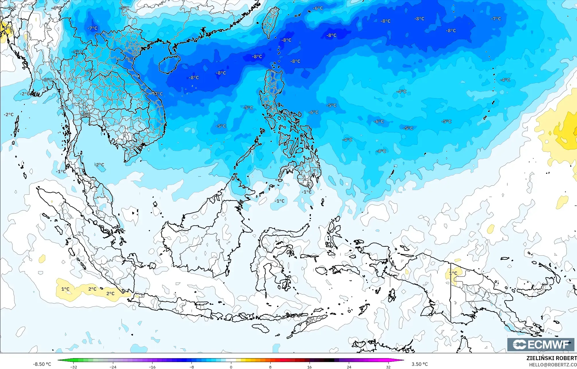 ECMWF IFS 0,25° modelo - Sudeste Asiático, Anomalia de temperatura a 850 hPa