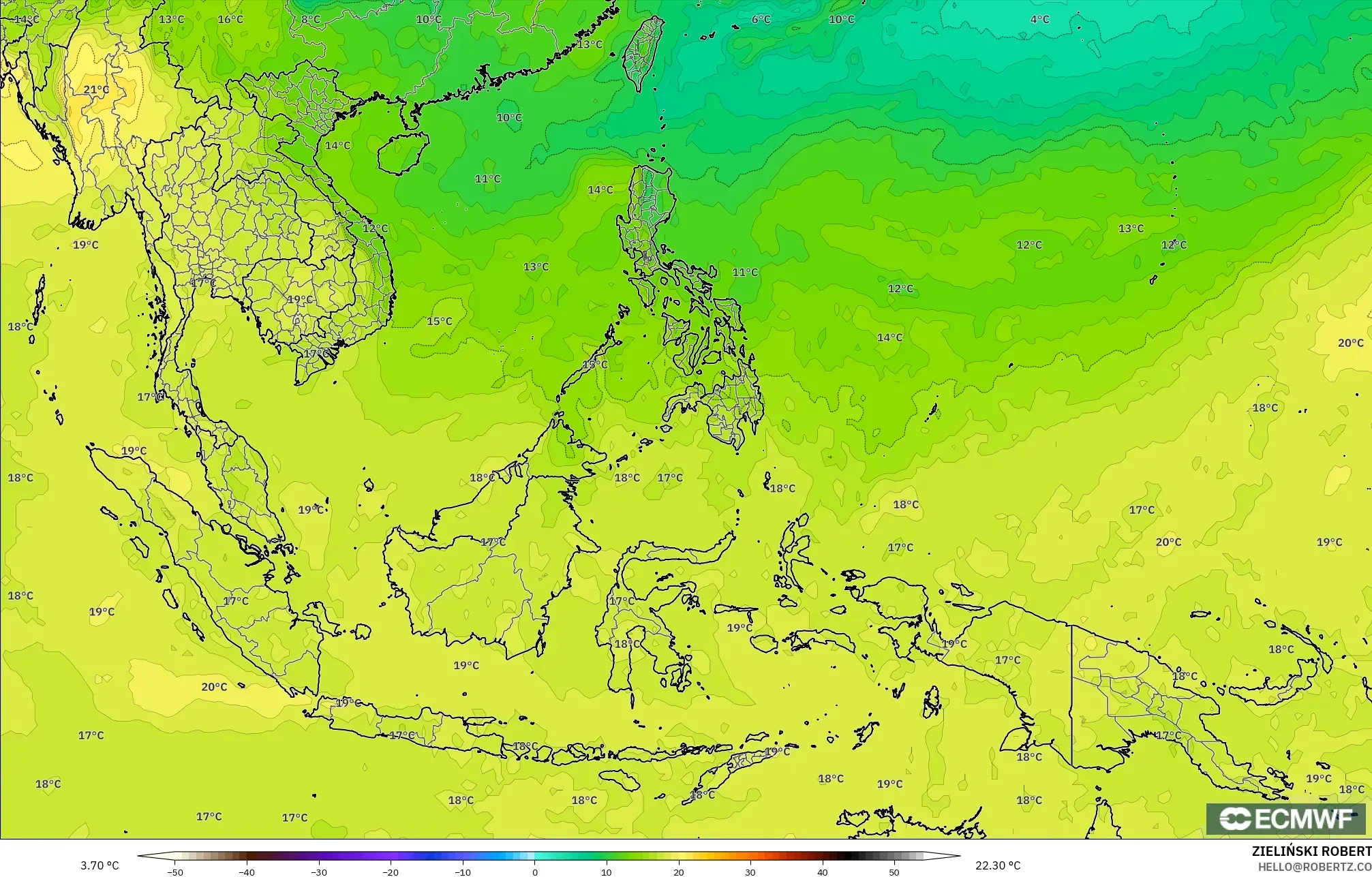ECMWF IFS 0,25° modelo - Sudeste Asiático, Temperatura a 850 hPa