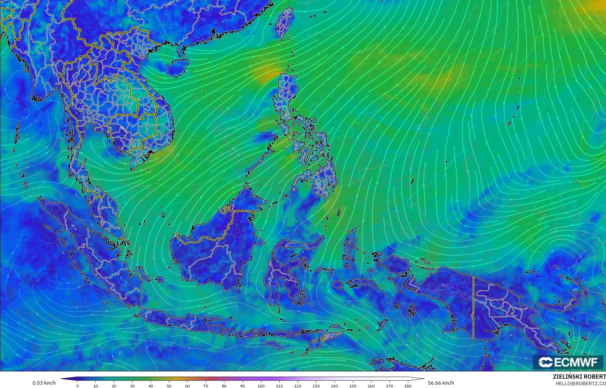 ECMWF IFS 0,25° modelo - Sudeste Asiático, Vento a 10 m