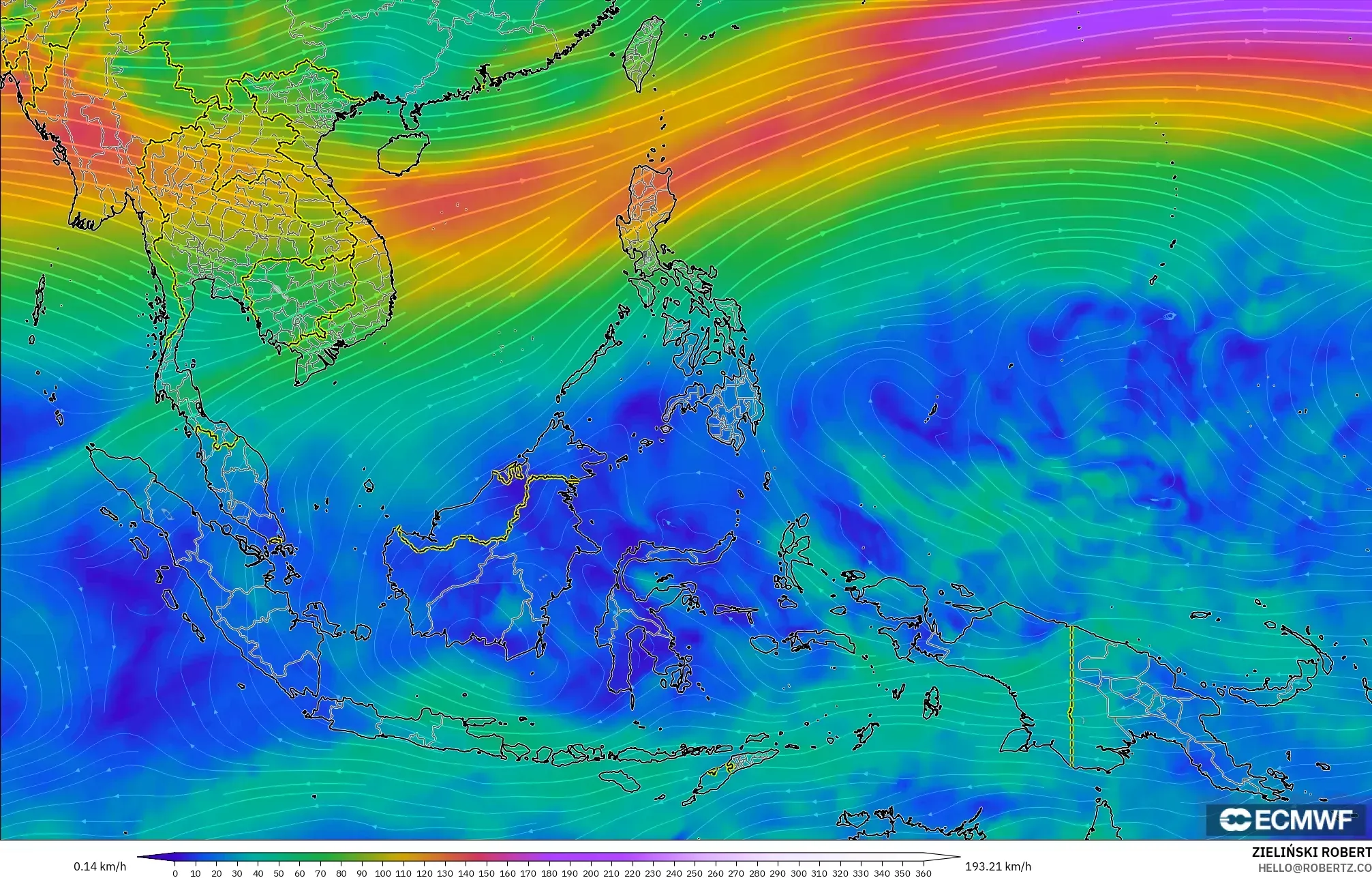 ECMWF IFS 0,25° modelo - Sudeste Asiático, Vento a 300 hPa (corrente em jato)