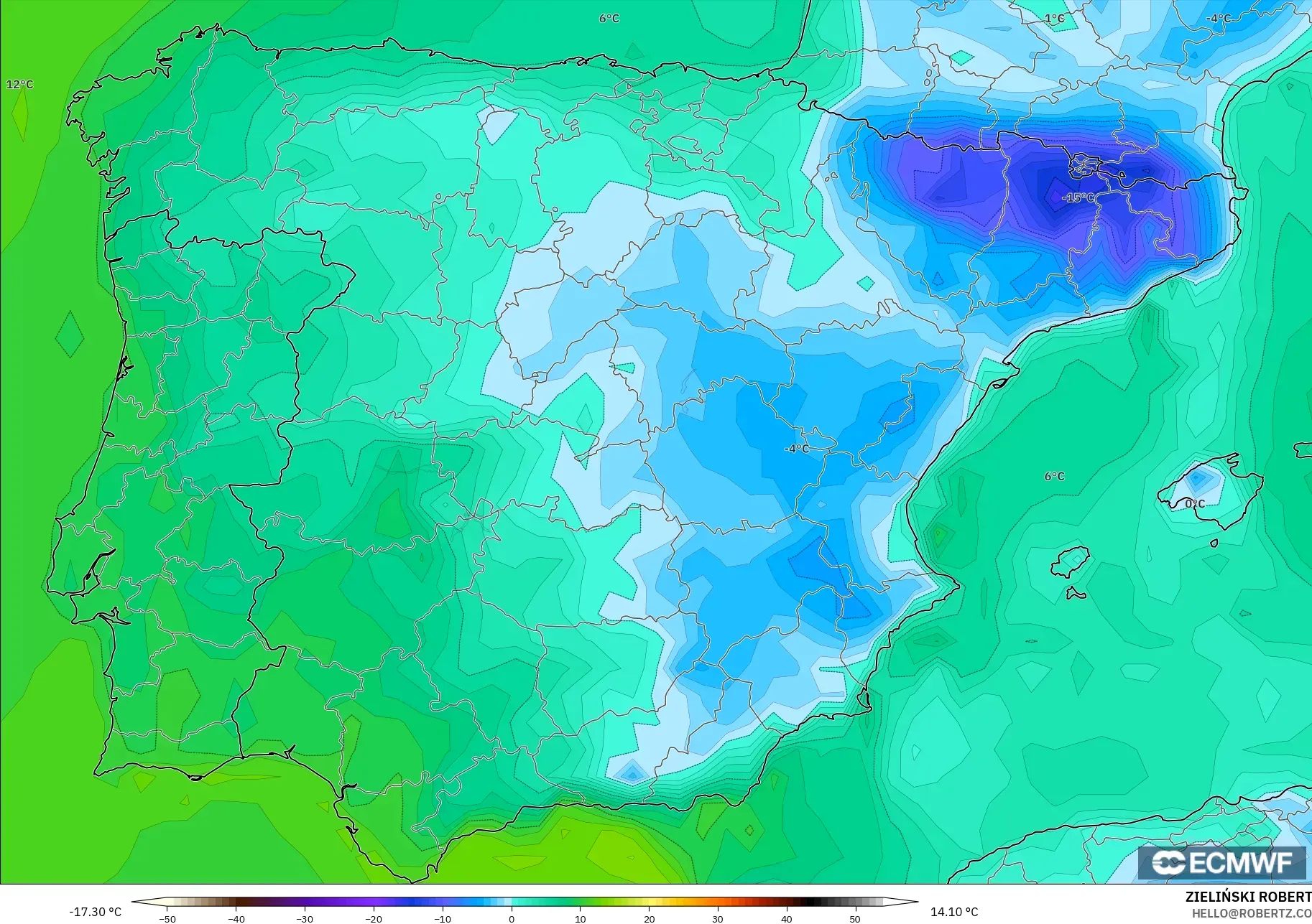 ECMWF IFS 0,25° modelo - Espanha, Ponto de orvalho a 2 m