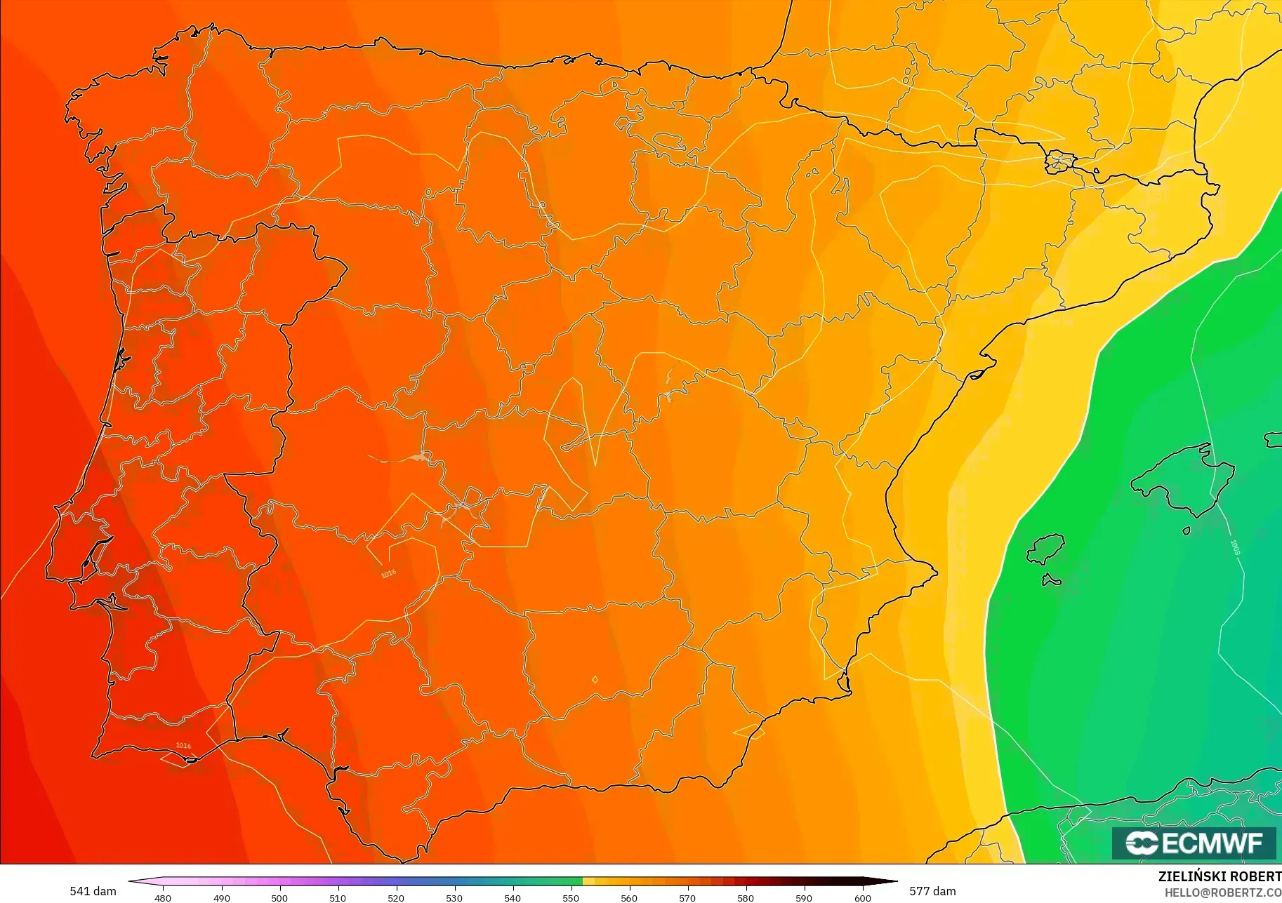 ECMWF IFS 0,25° modelo - Espanha, Altura geopotencial a 500 hPa