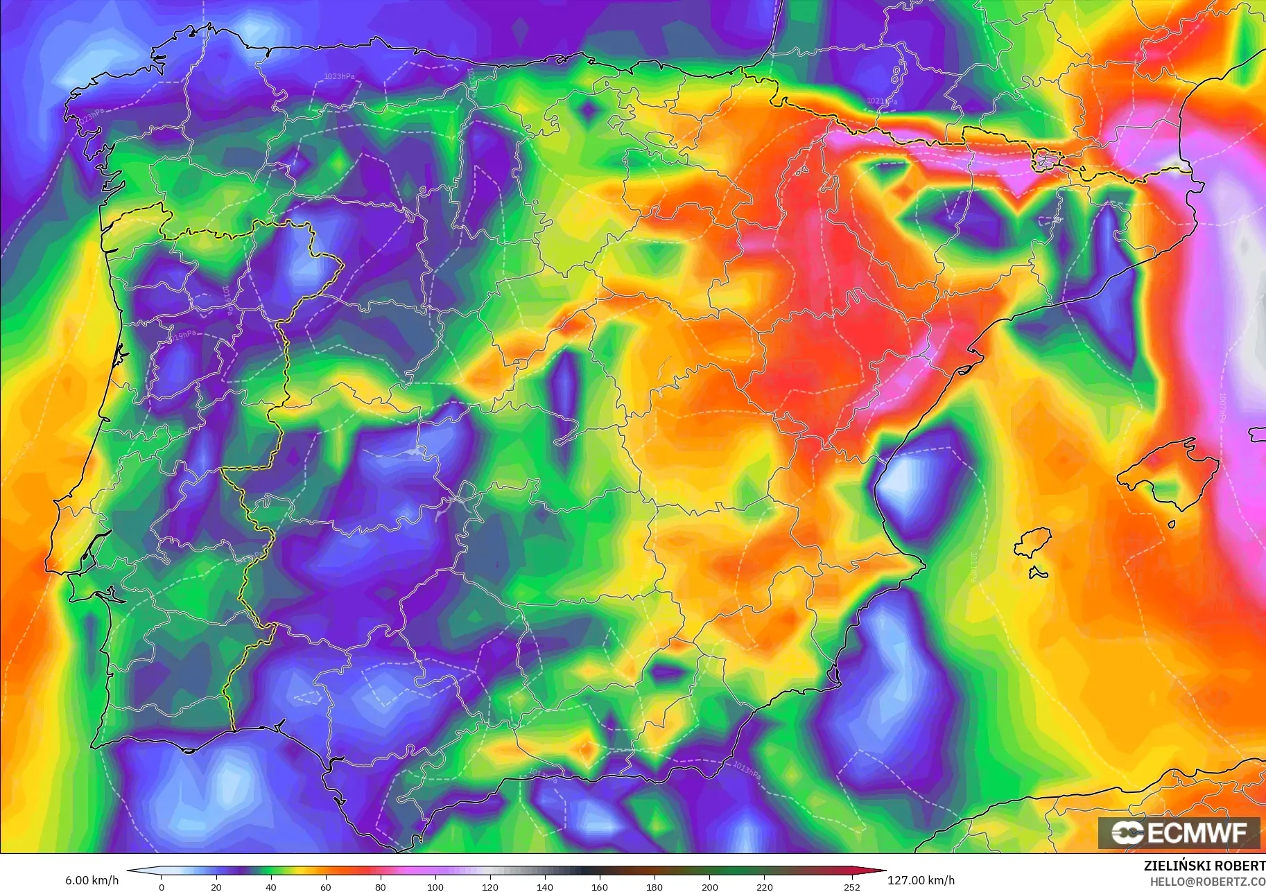 ECMWF IFS 0,25° modelo - Espanha, Rajadas de Vento Máximas