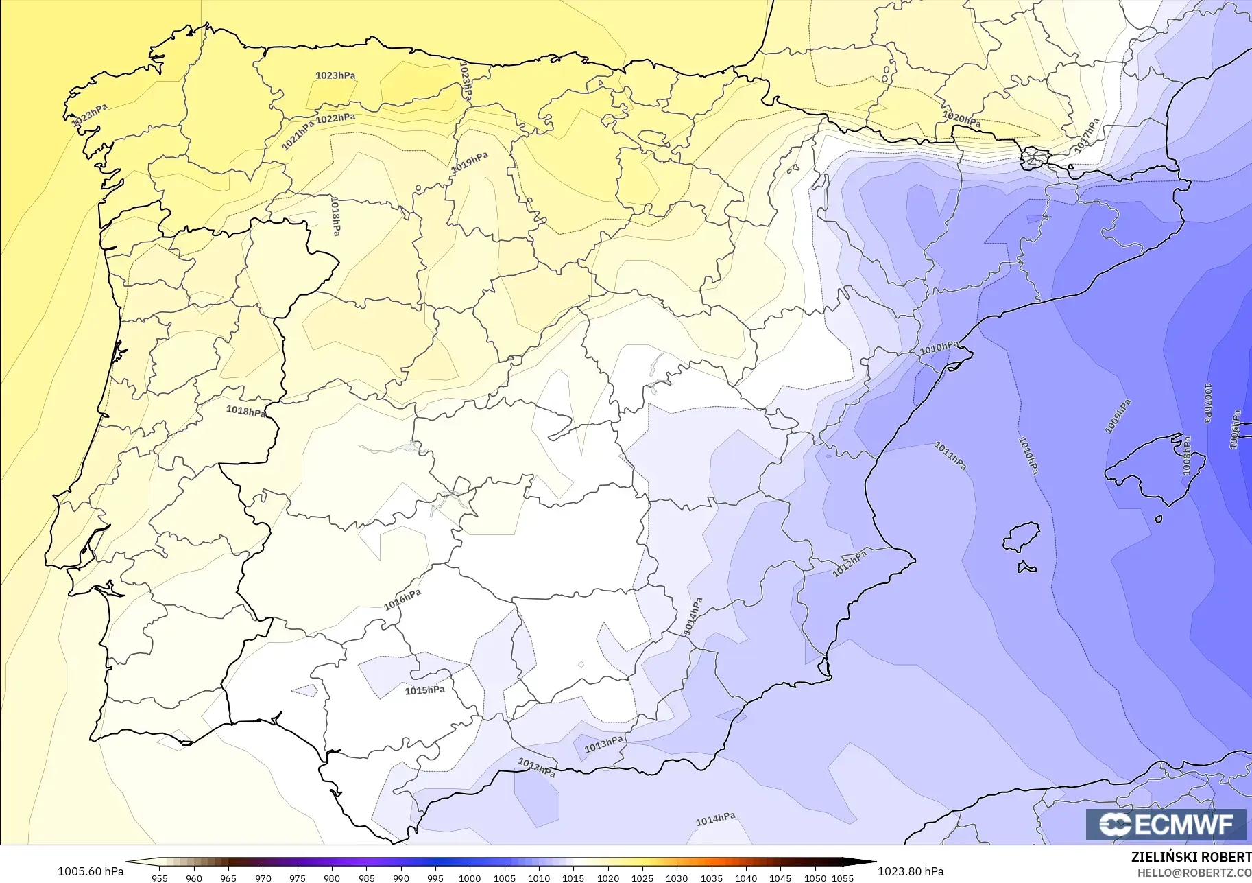 ECMWF IFS 0,25° modelo - Espanha, Pressão